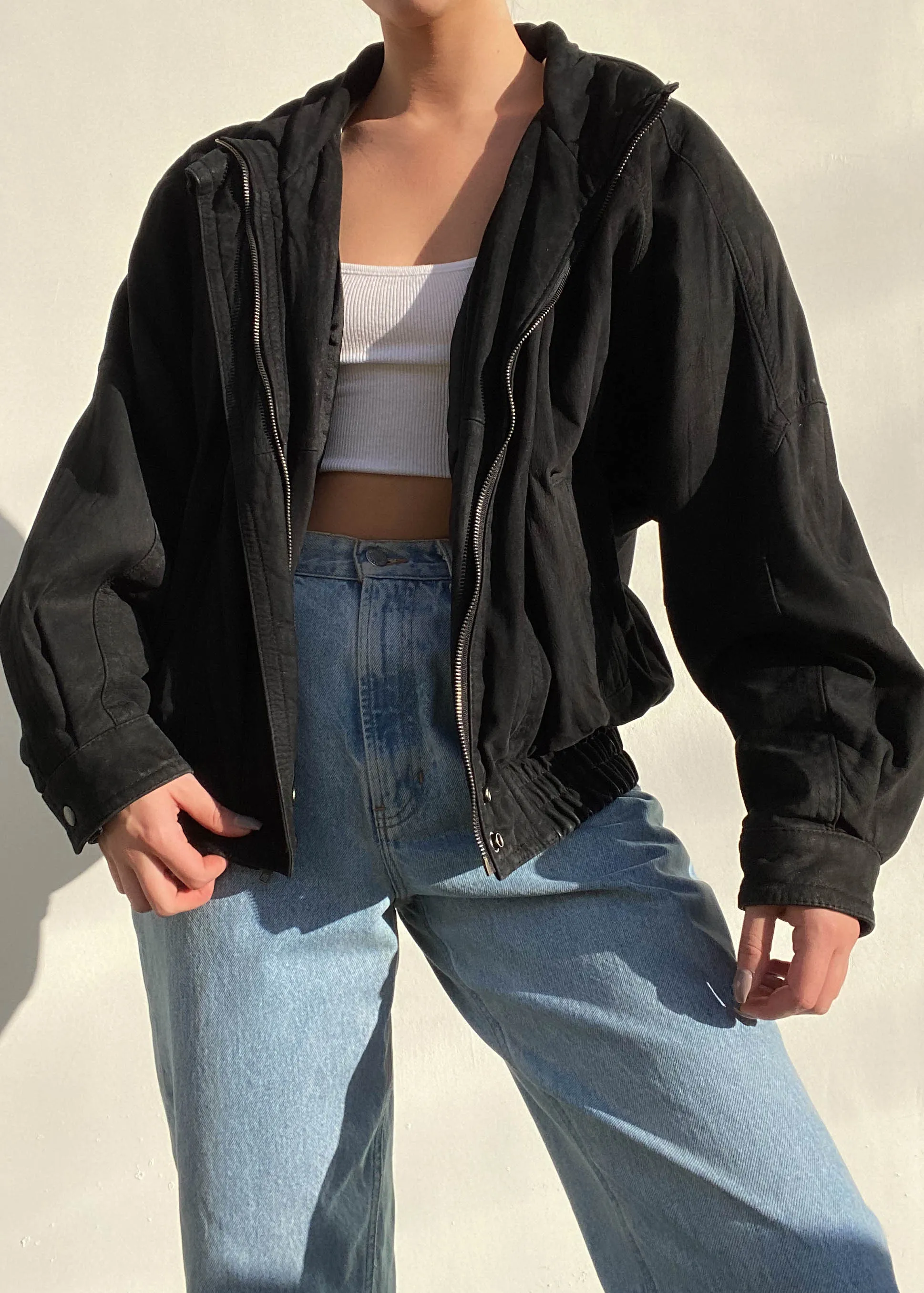 80's Black Suede Leather Bomber (L)