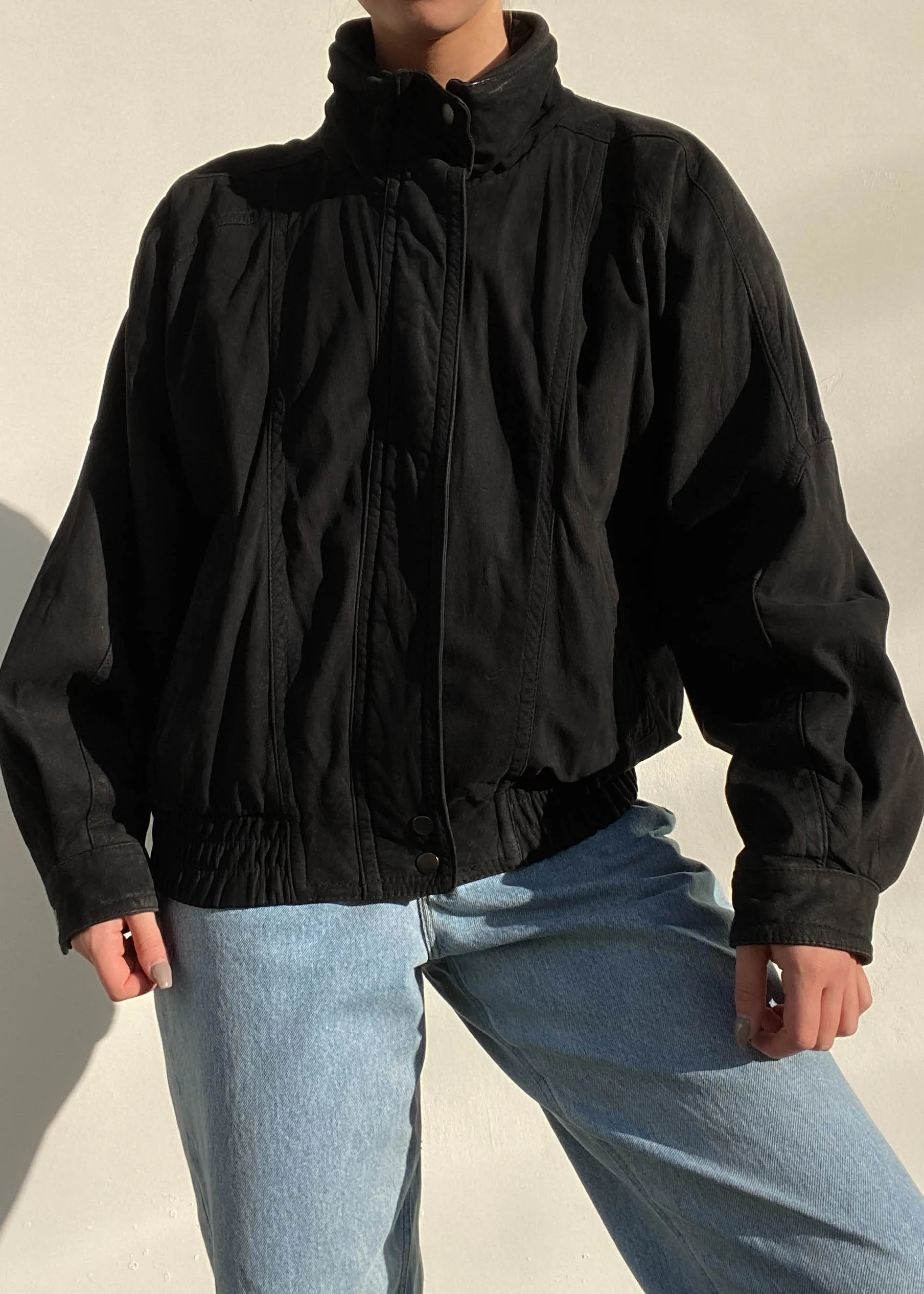 80's Black Suede Leather Bomber (L)