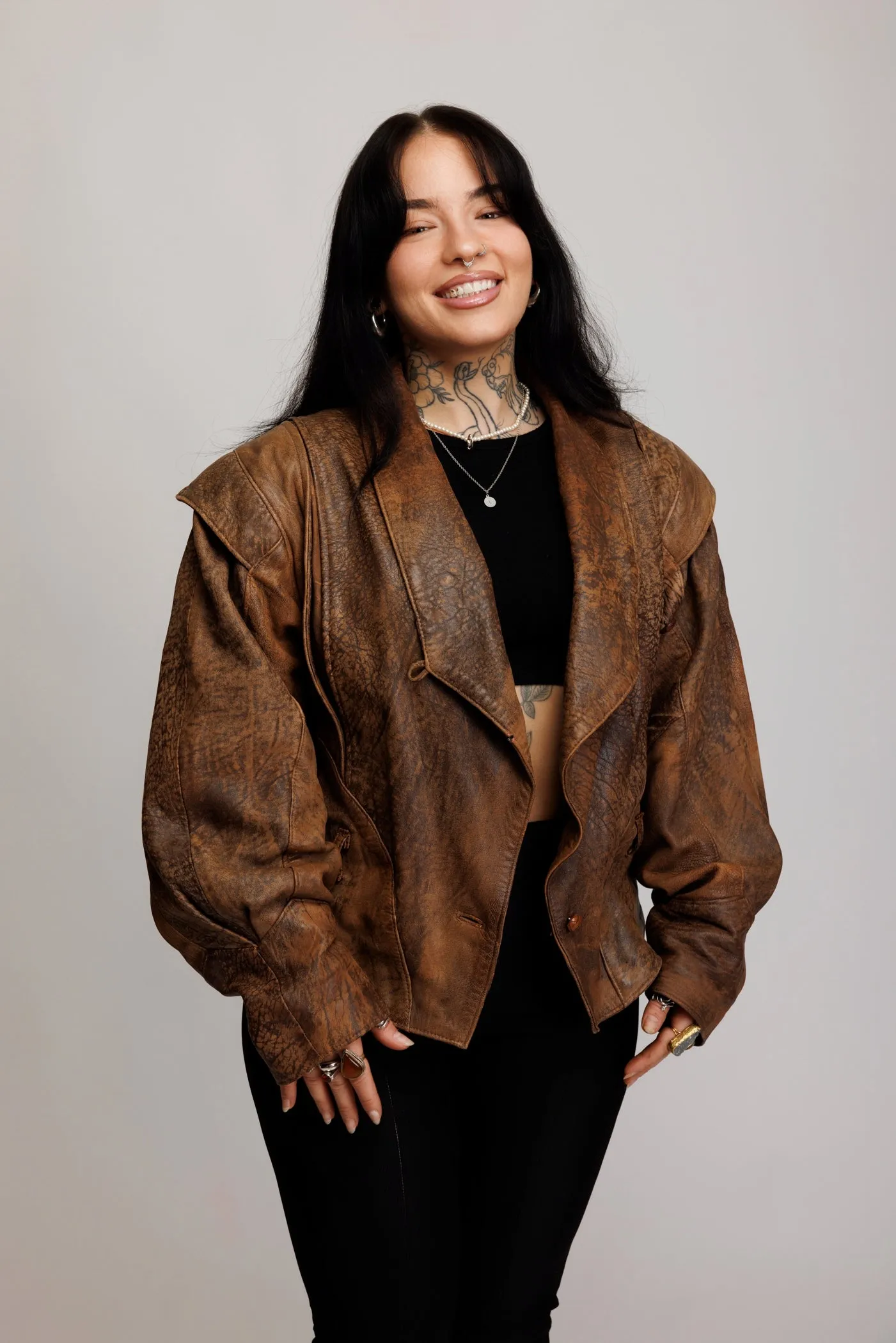 80's Distressed Leather Bomber Jacket M/L