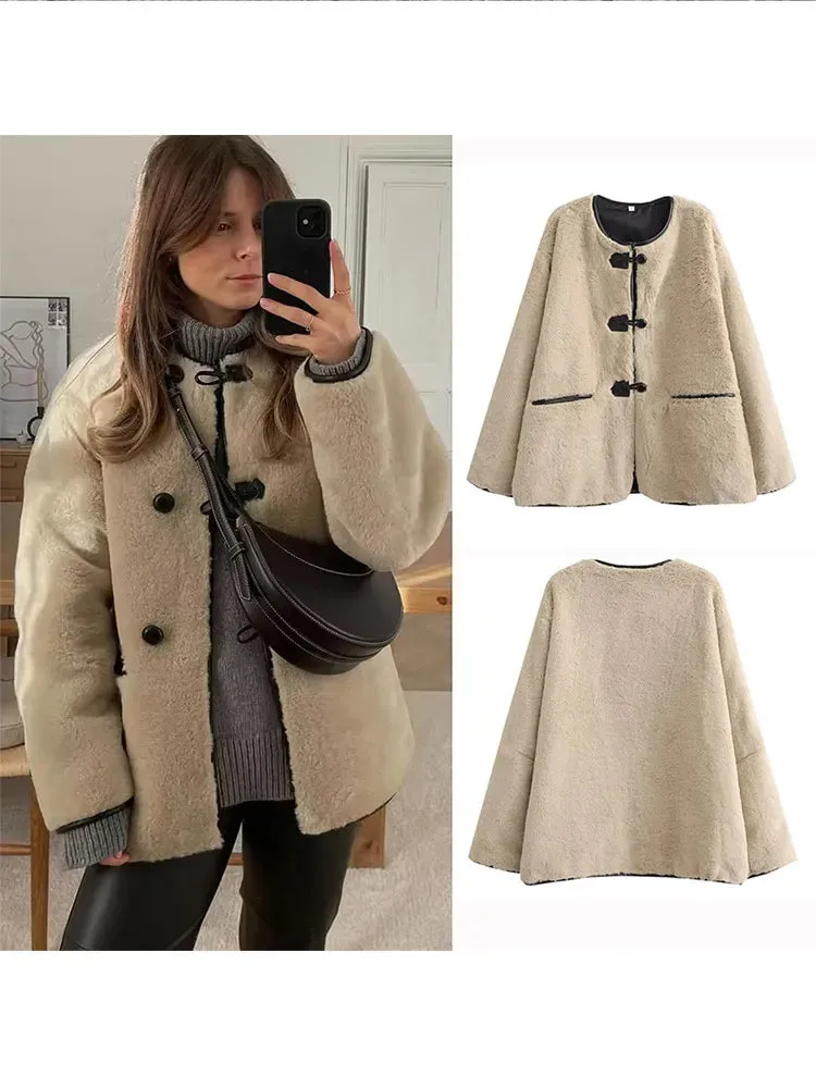 Advbridge Patchwork O-neck Lamb Wool Coat For Women Chic Bull Horn Buckle Long Sleeve Loose Jacket 2024 Autumn Lady Warm Outerwear