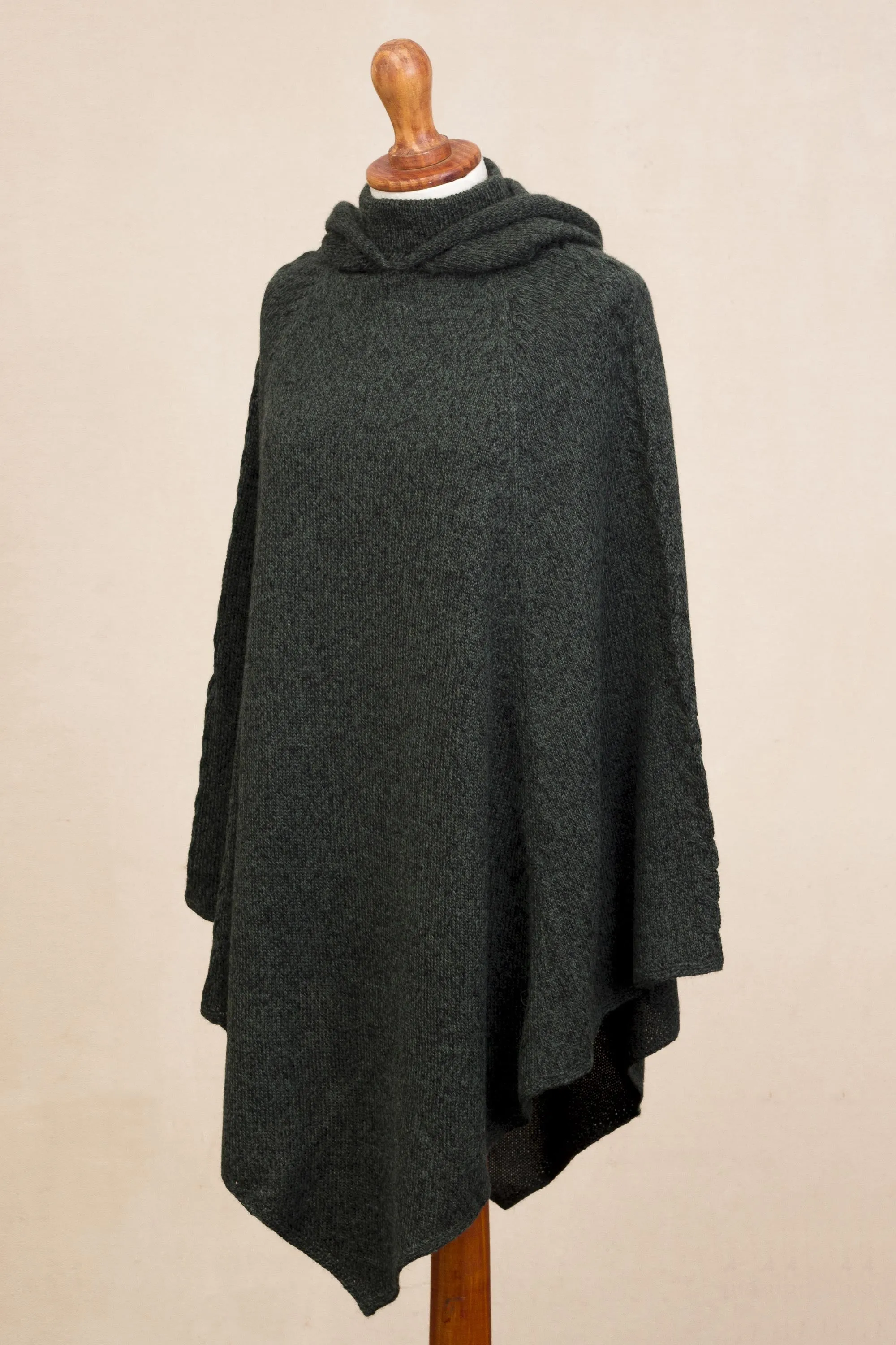 Adventurous Style in Moss Knit Alpaca Blend Hooded Poncho in Moss from Peru