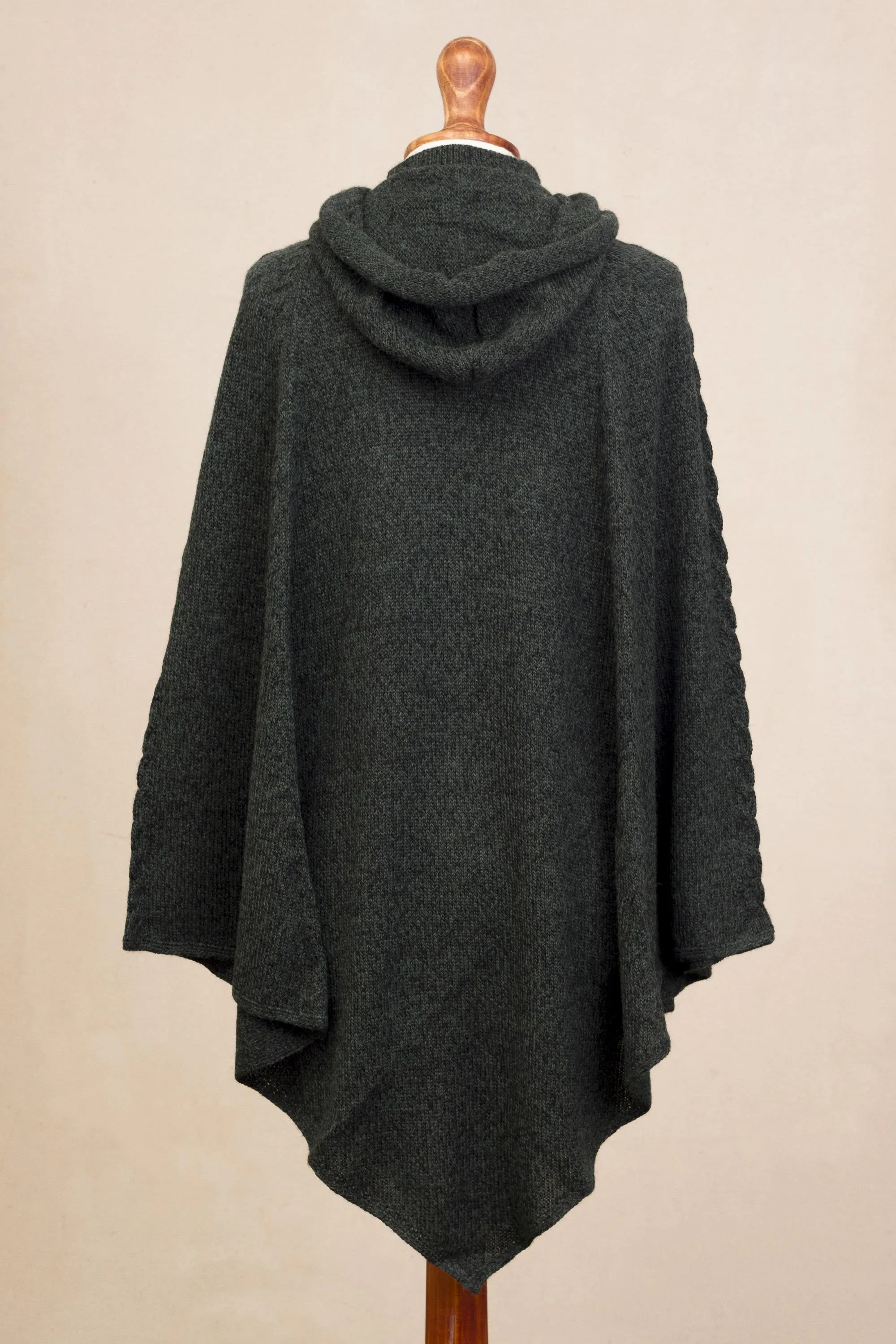 Adventurous Style in Moss Knit Alpaca Blend Hooded Poncho in Moss from Peru