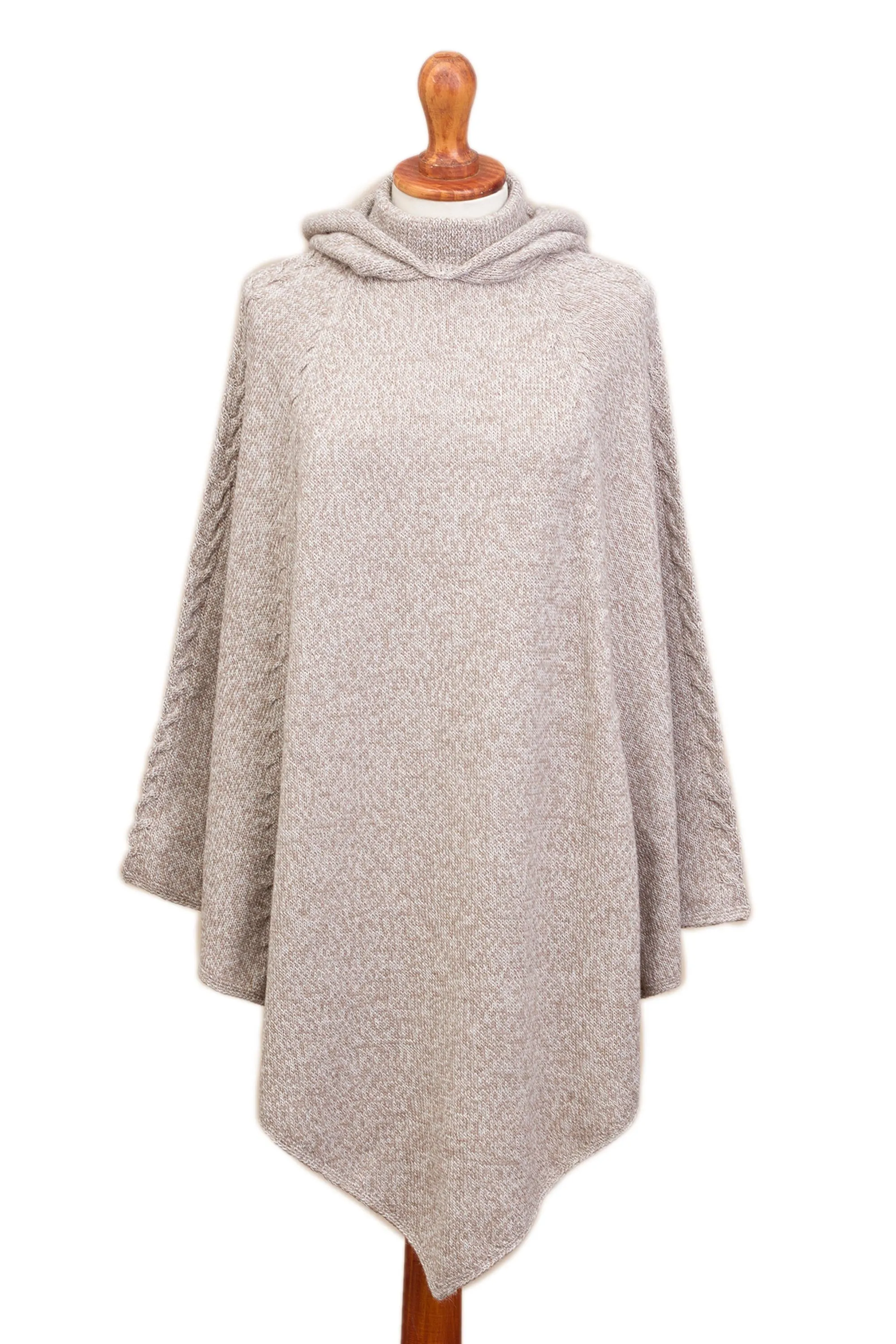 Adventurous Style in Taupe Knit Alpaca Blend Hooded Poncho in Taupe from Peru