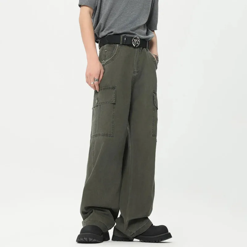 American Style Men's Overalls Washed Rough Edge Design Vintage Trendy Male Cargo Pants Straight Multi-pocket 9C6623