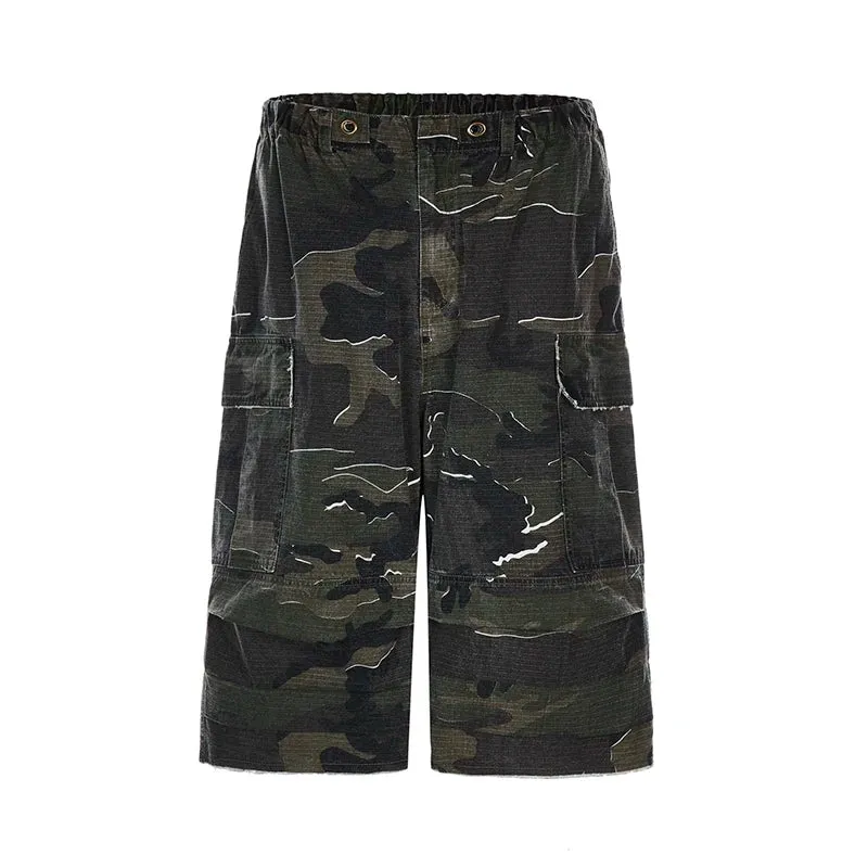 American Style Washed Camouflage Loose Men's Cargo Shorts Street Niche Workwear Pocket Design Male Trousers 24E1035