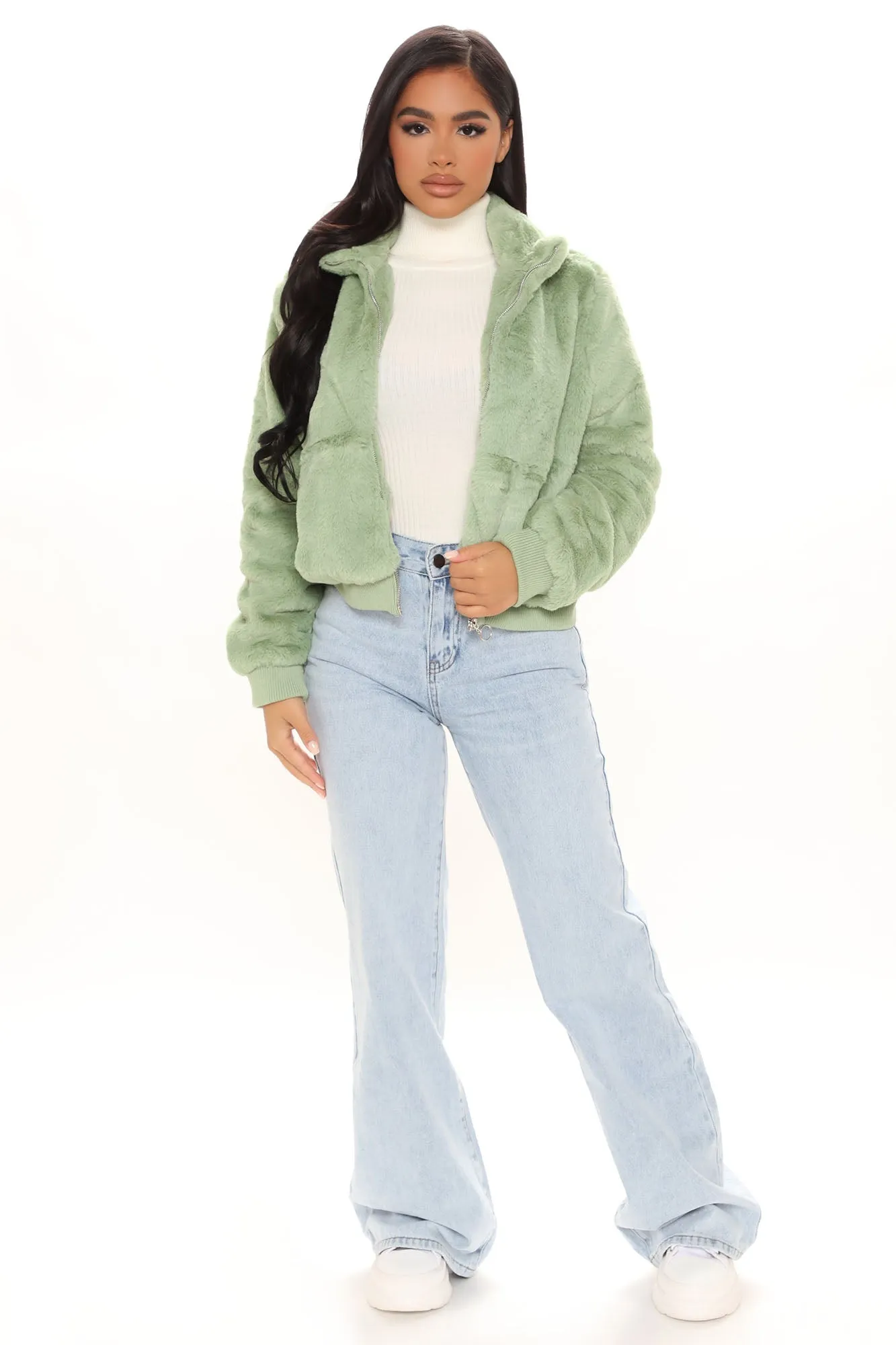 Andi Faux Fur Bomber Jacket - Sage