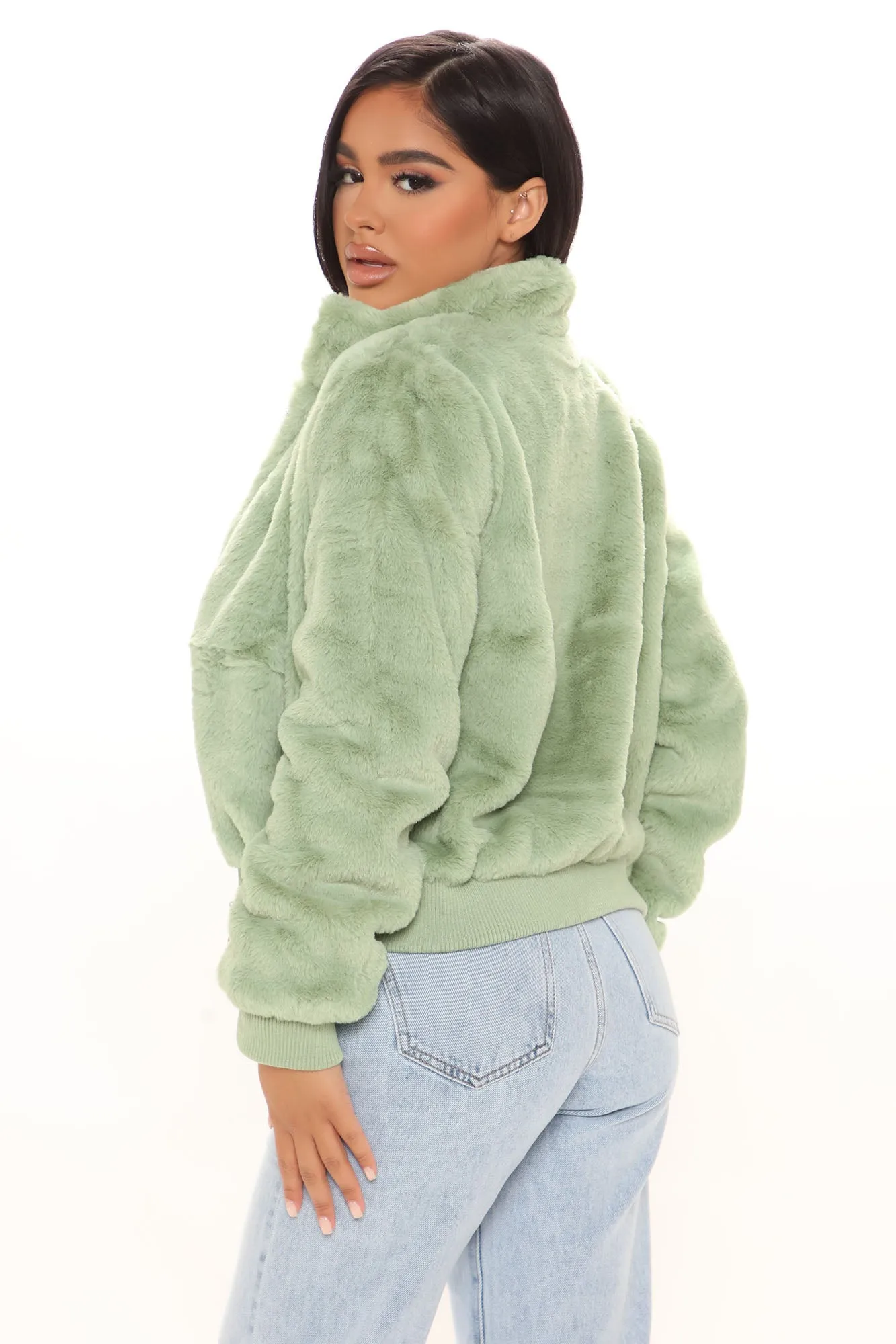 Andi Faux Fur Bomber Jacket - Sage