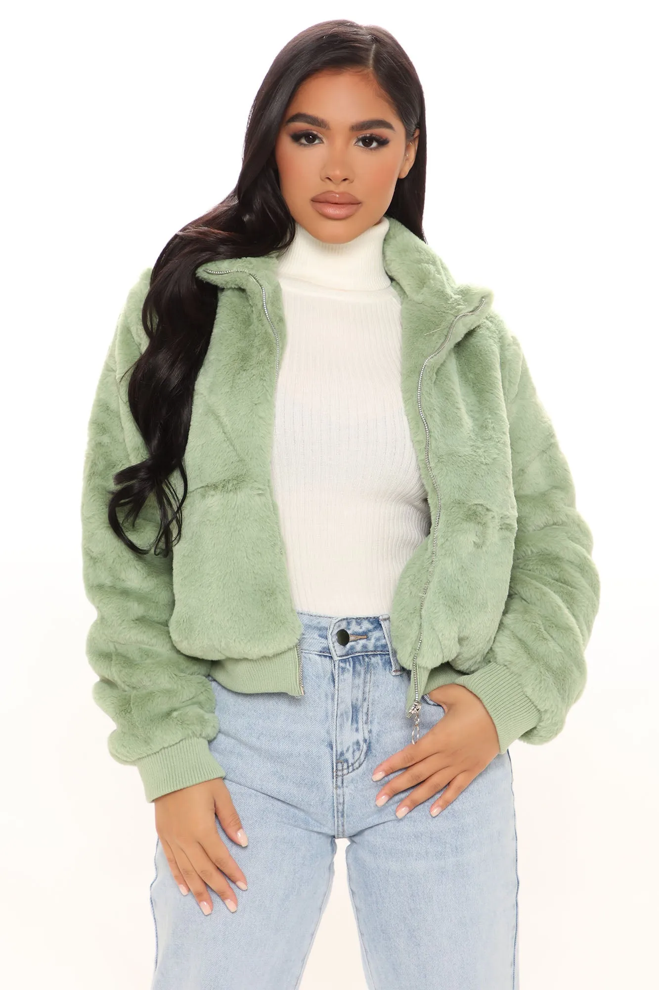 Andi Faux Fur Bomber Jacket - Sage