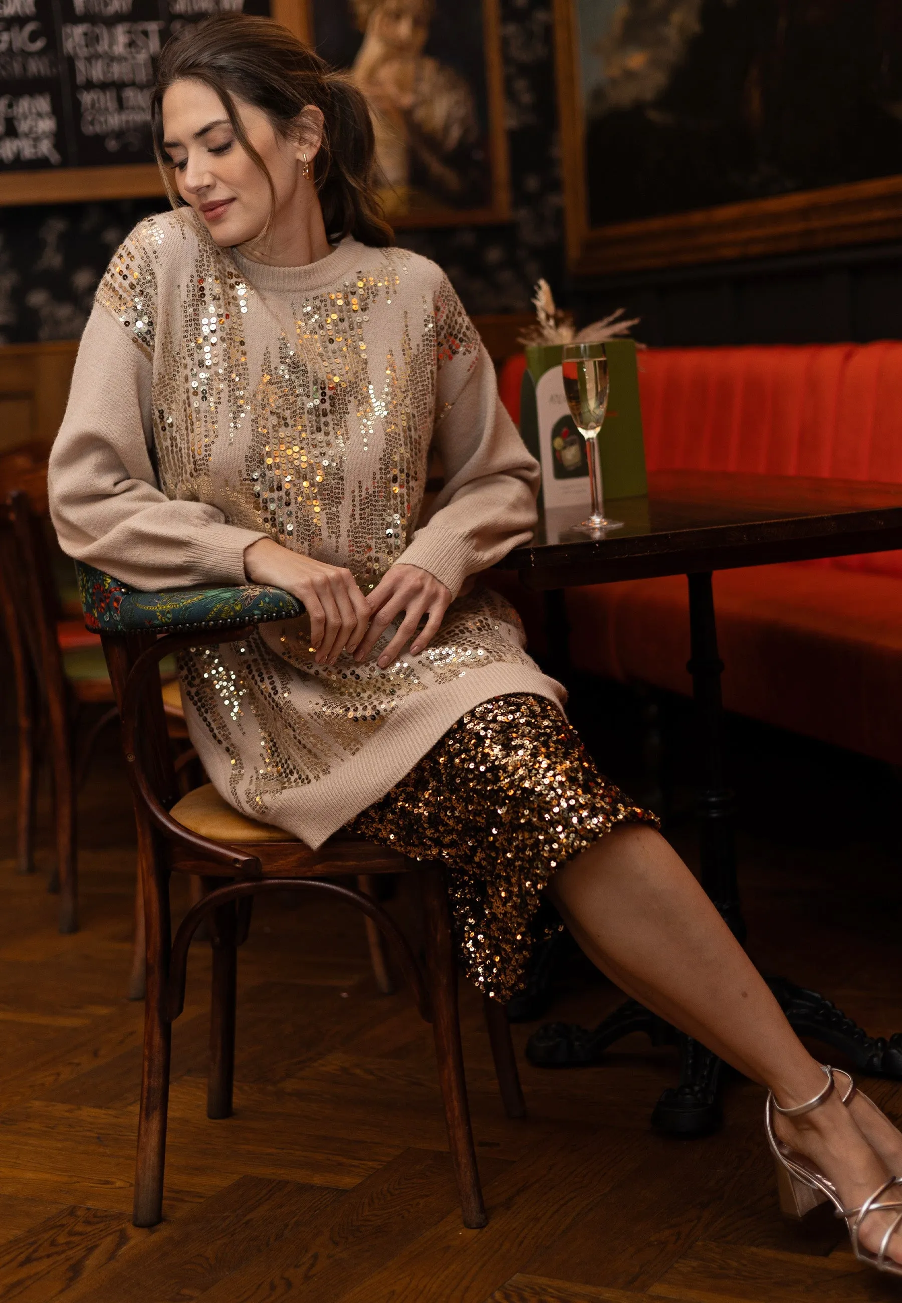 Angeleye Apricot Long Knit Jumper With Gold Sequin Detail