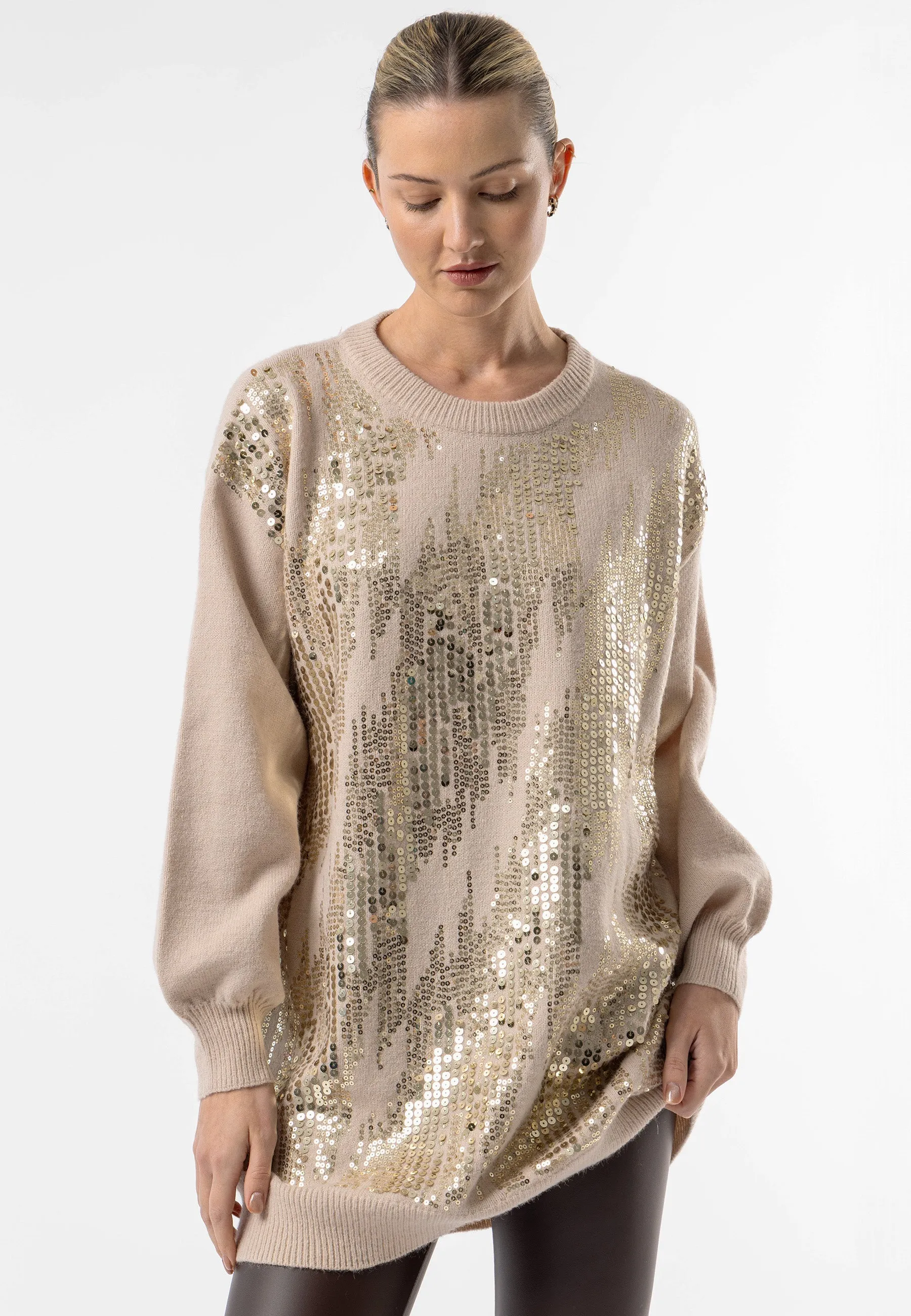 Angeleye Apricot Long Knit Jumper With Gold Sequin Detail