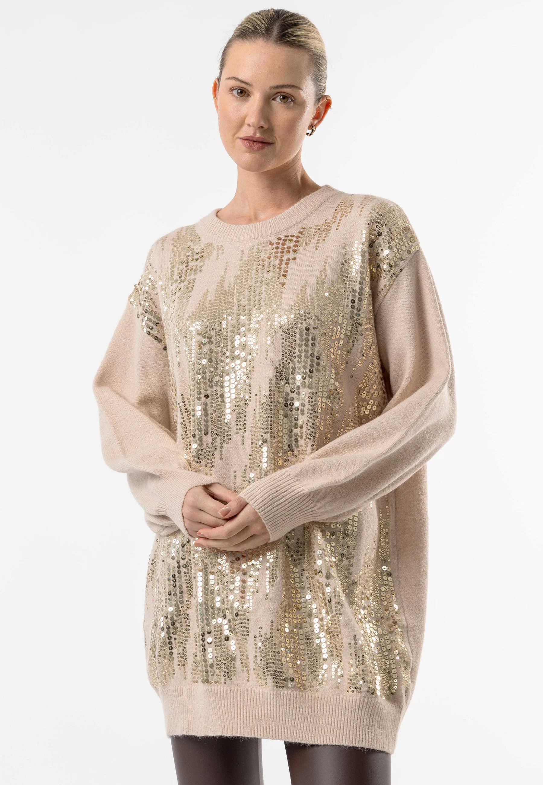 Angeleye Apricot Long Knit Jumper With Gold Sequin Detail