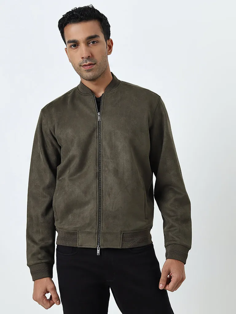 Ascot Olive Faux Suede Relaxed-Fit Bomber Jacket