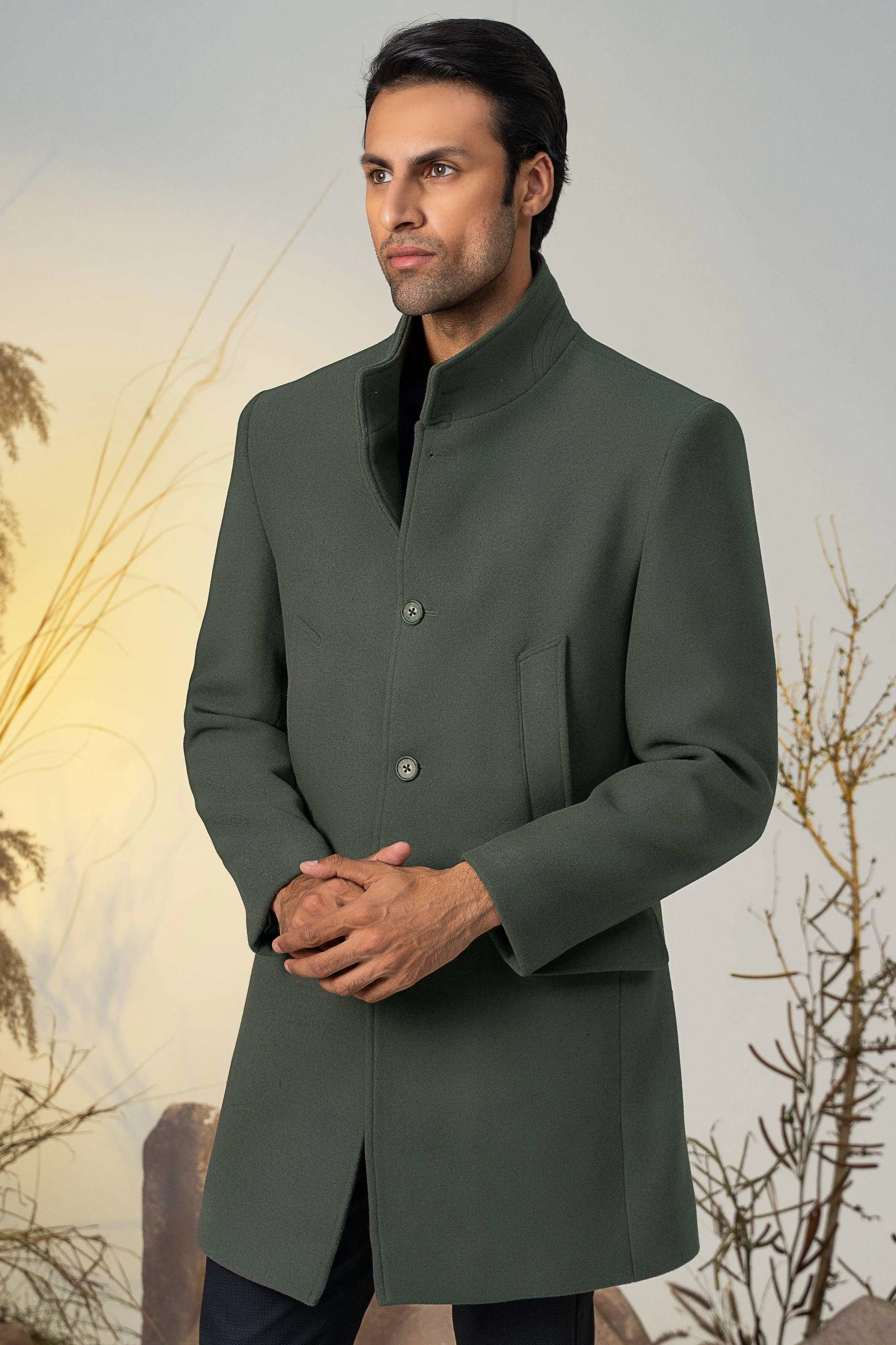 BAN COLLAR LONG COAT GREEN