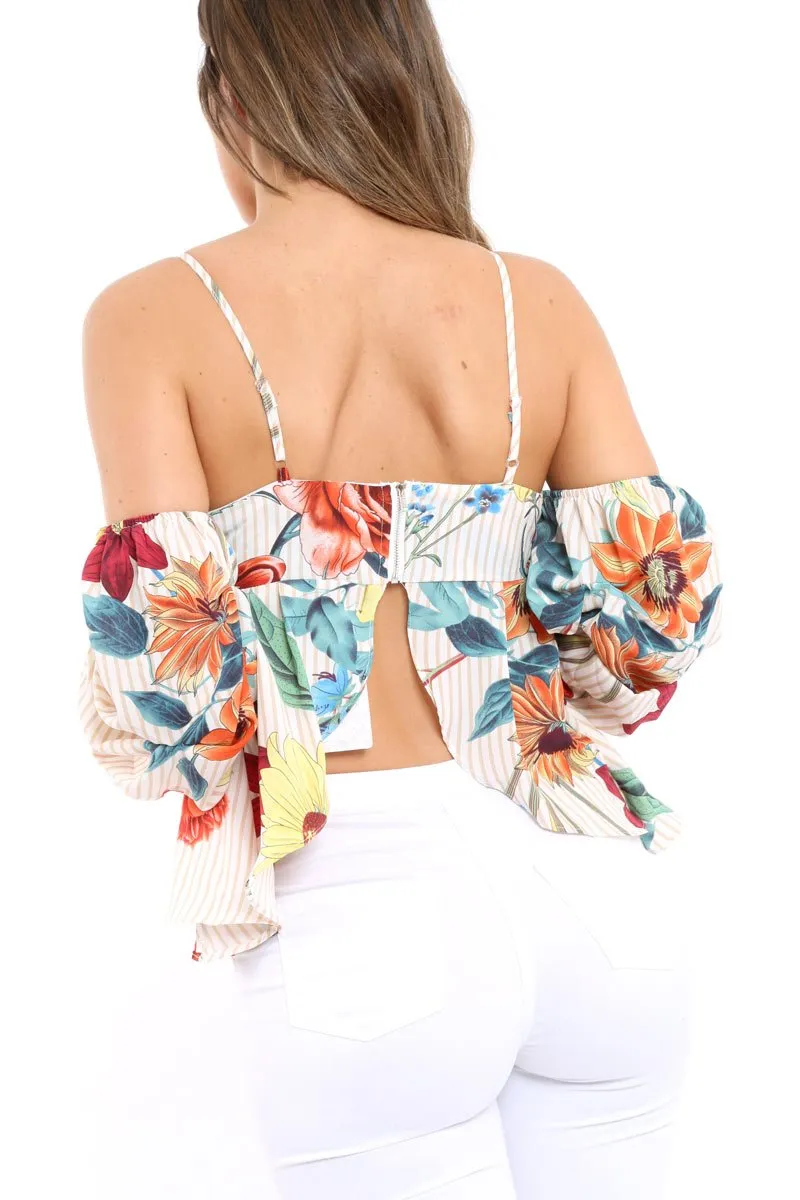 Beige Floral Cold Shoulder Ruffle Sleeve Crop Top - Shelby