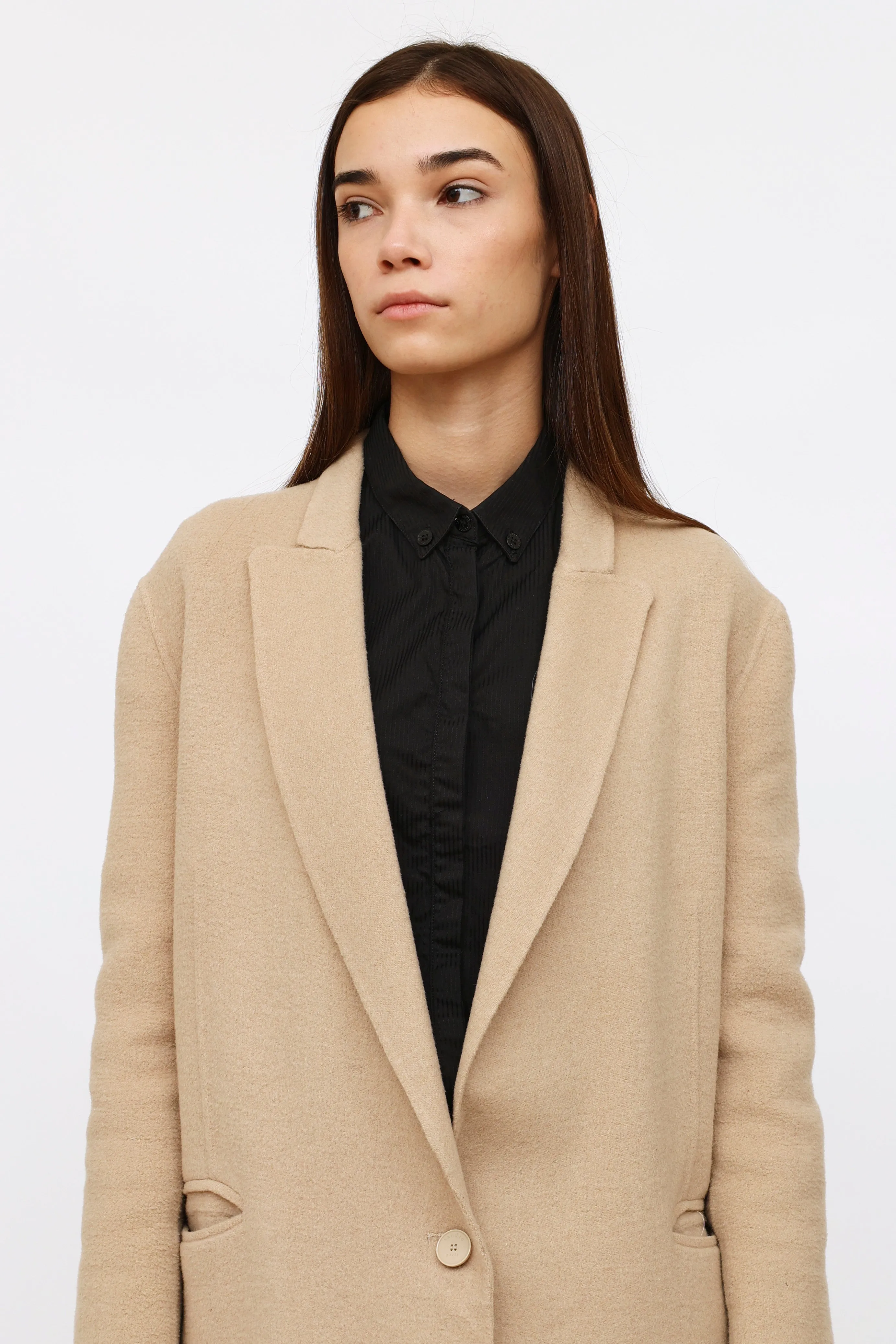 Beige Wool Peak Lapel Coat