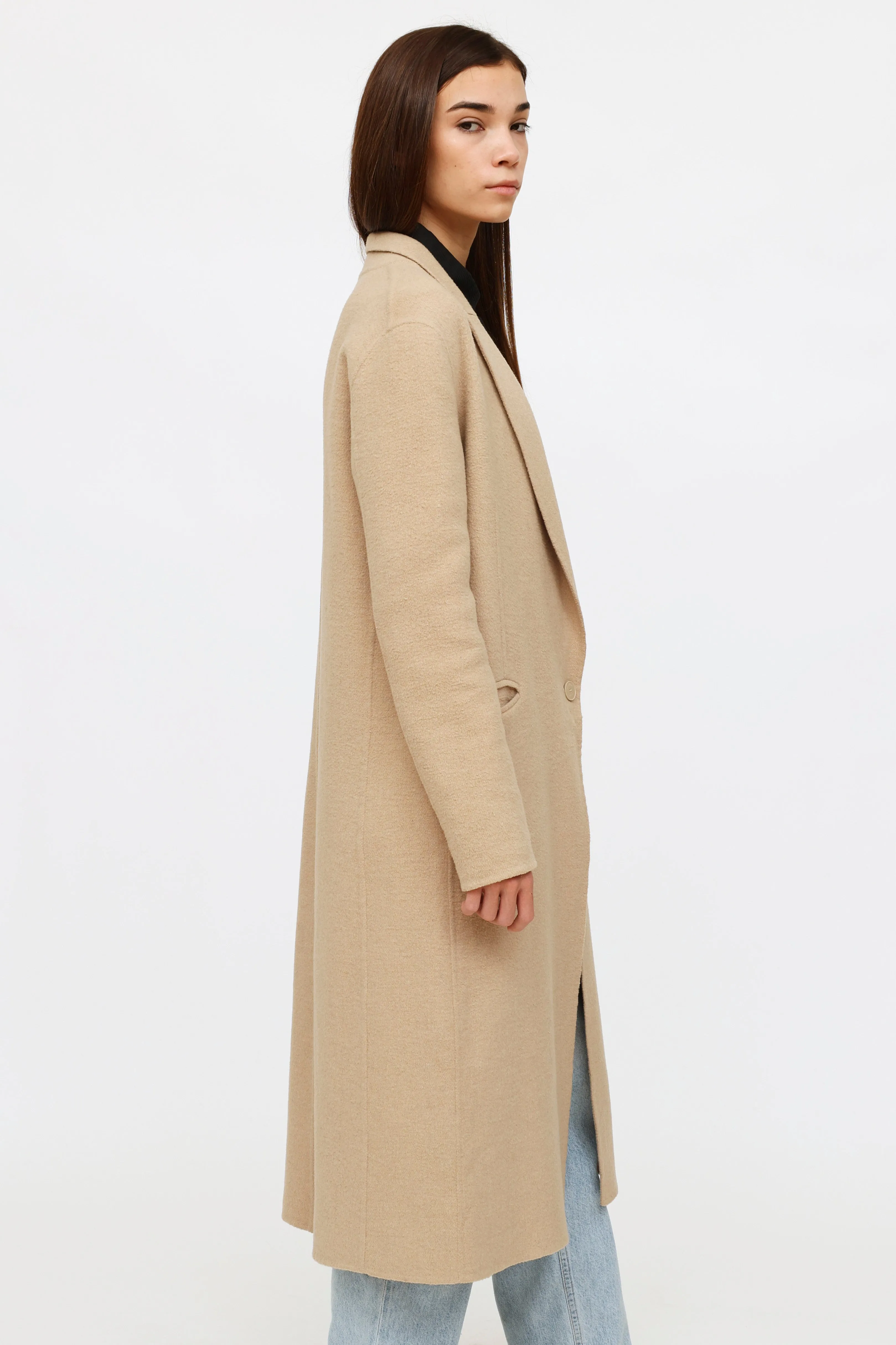 Beige Wool Peak Lapel Coat