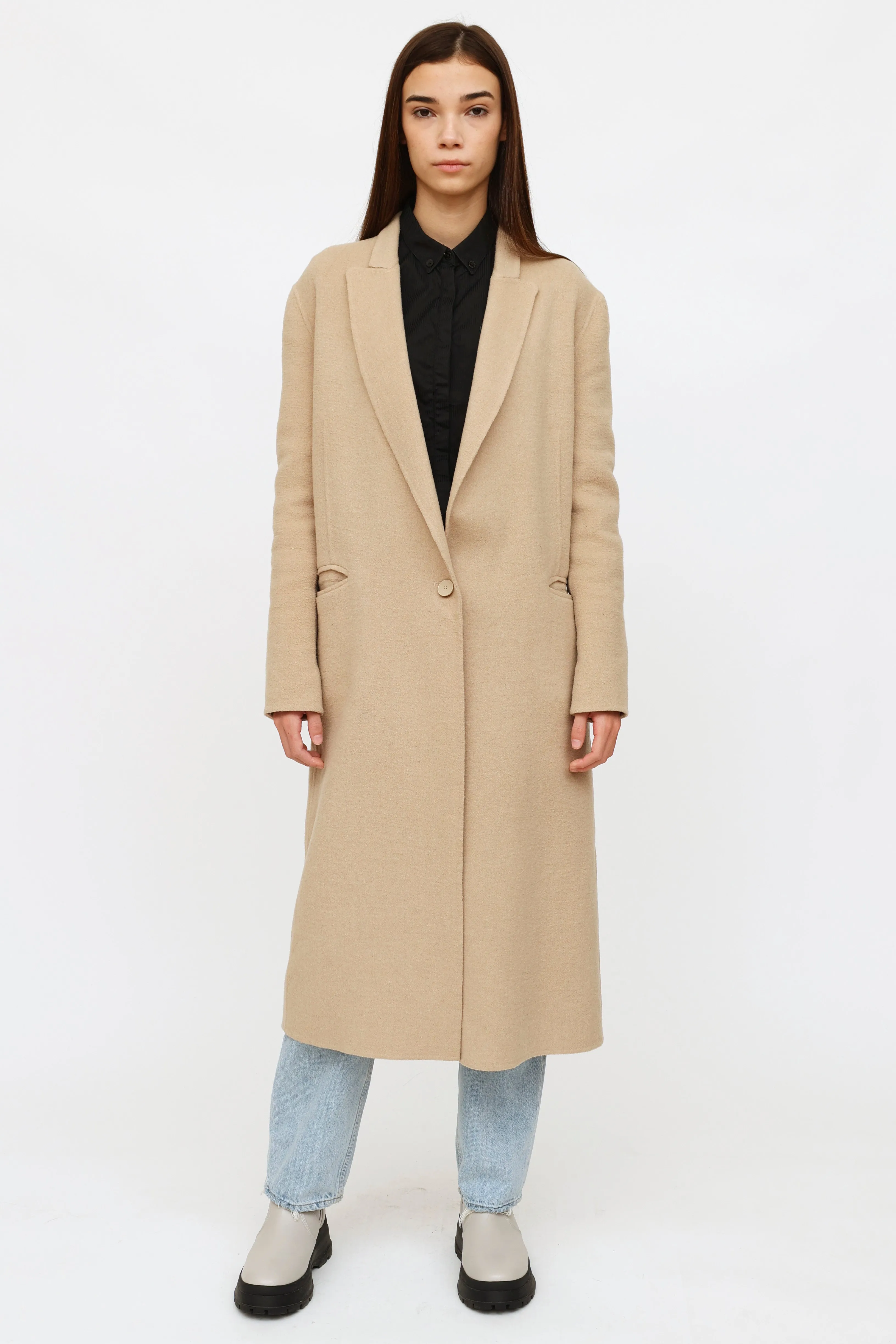 Beige Wool Peak Lapel Coat