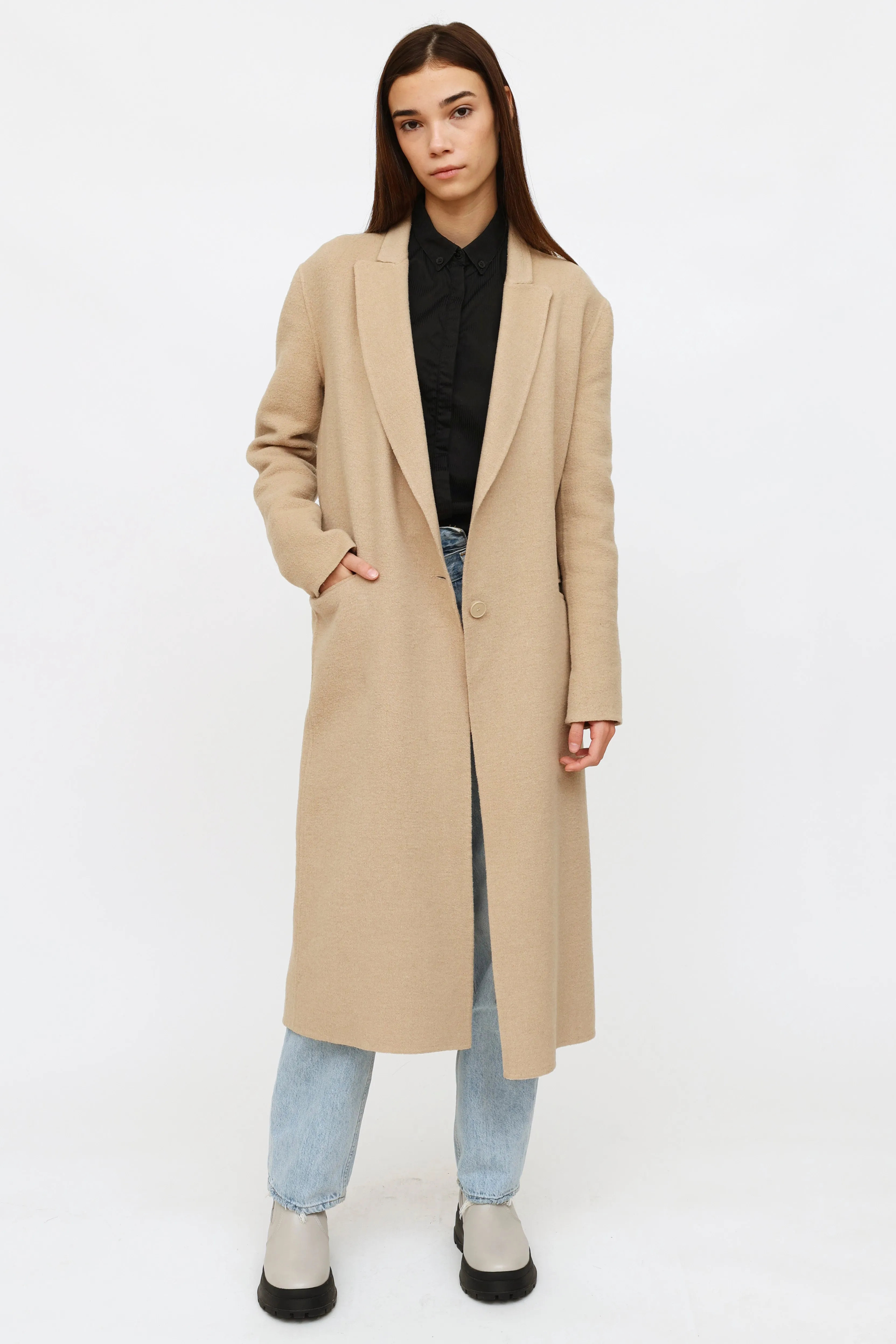 Beige Wool Peak Lapel Coat