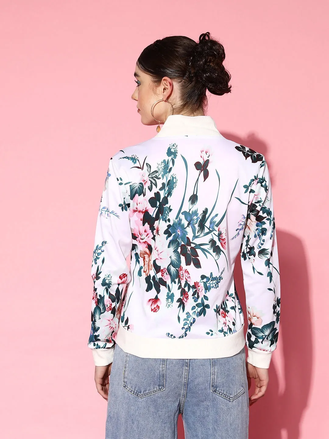 Berrylush Women White & Blue Floral Printed Mock Collar Neck Two-Pocket Straight Hem Bomber Regular Jacket