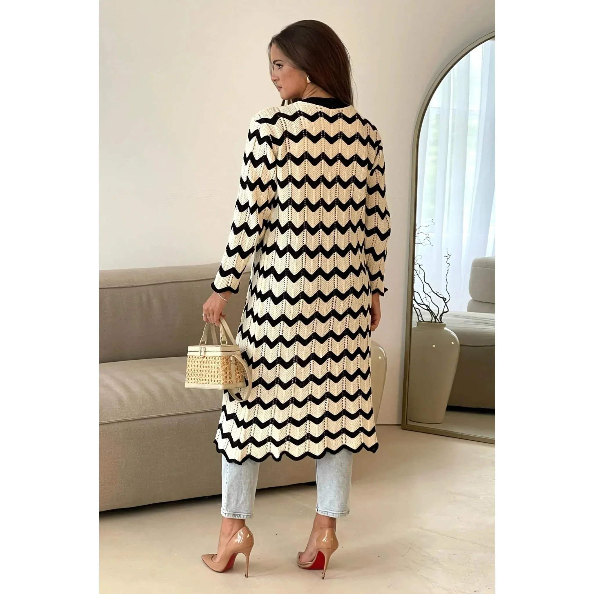 Black and White Monochrome Chevron Long Knitted Cardigan