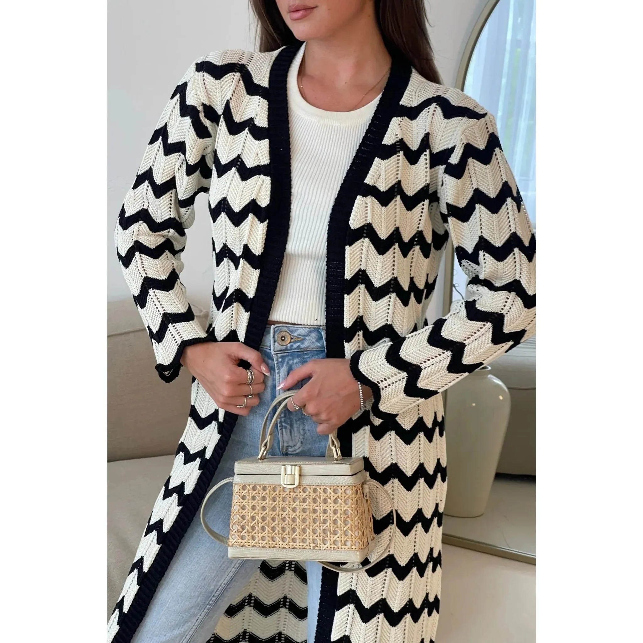 Black and White Monochrome Chevron Long Knitted Cardigan