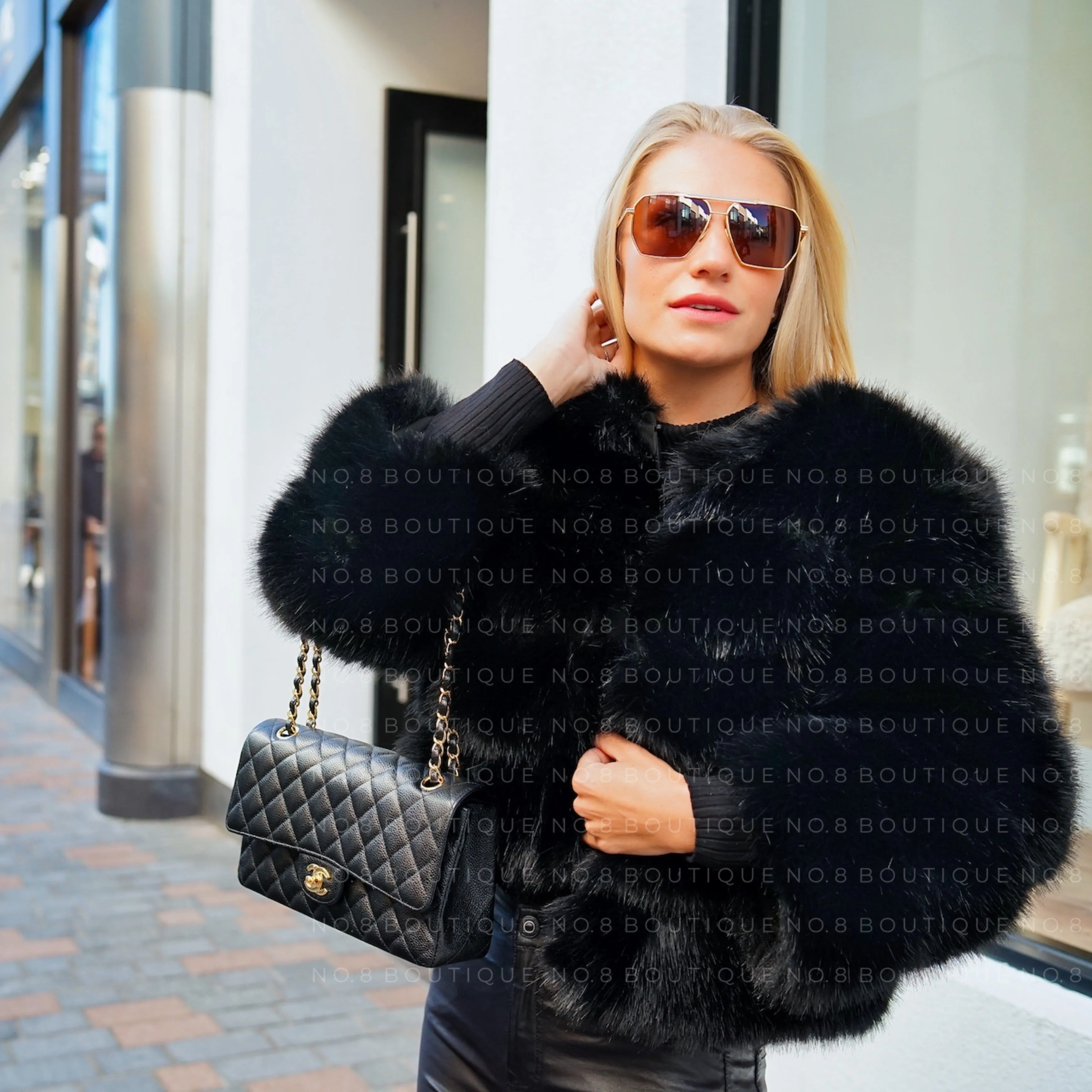 Black Faux Fur Jacket With 5 Rows