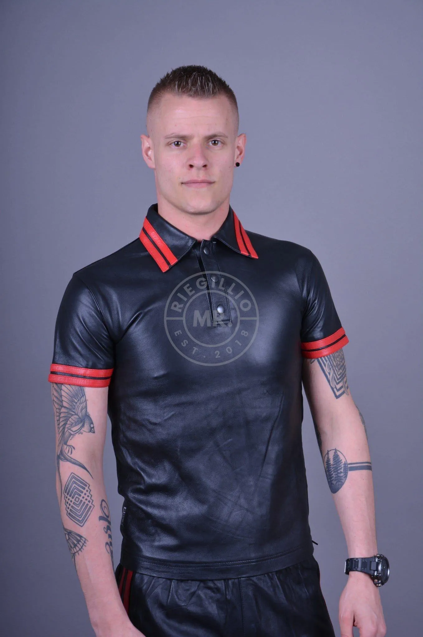 Black Leather Polo - RED STRIPES