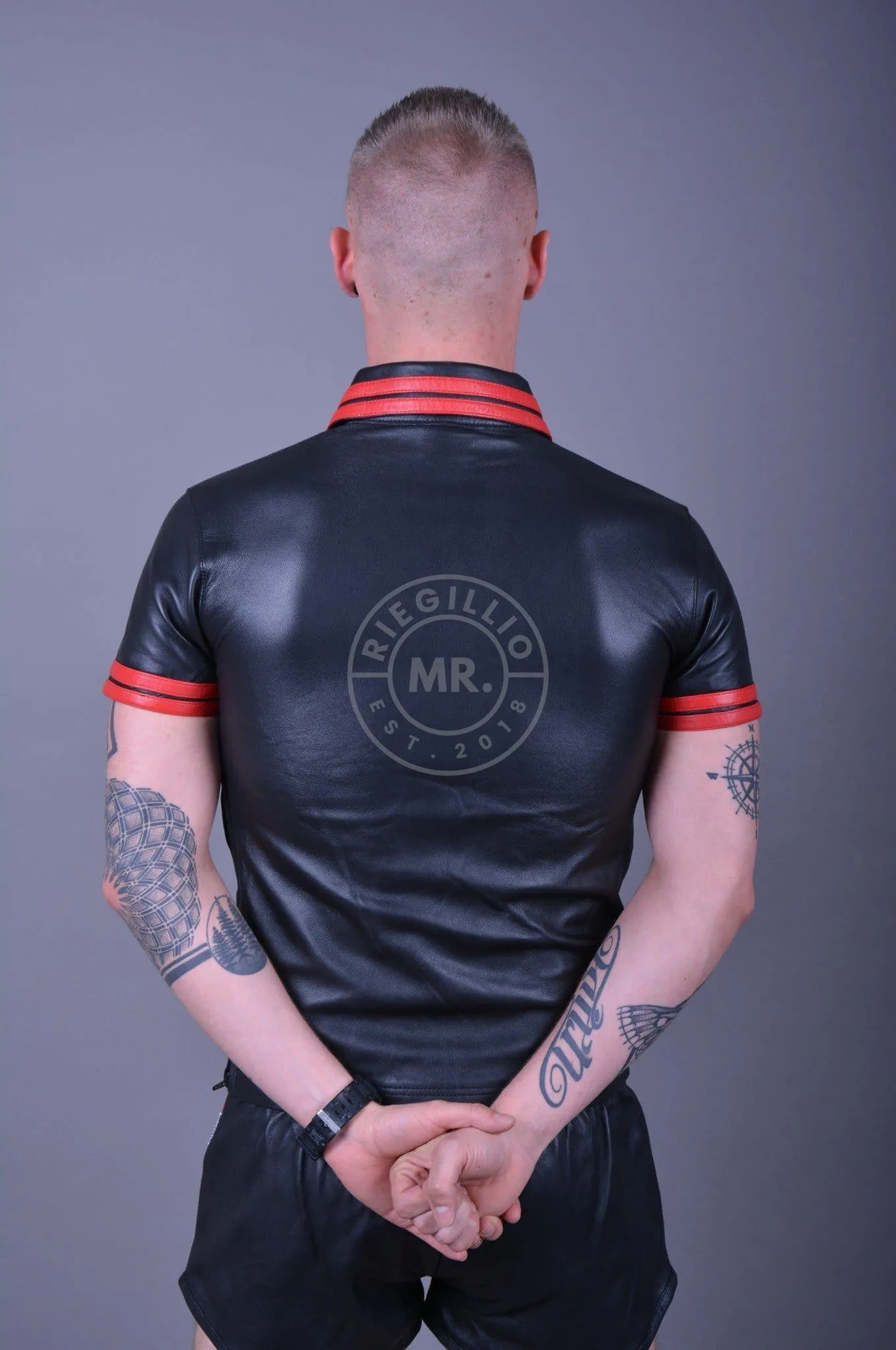 Black Leather Polo - RED STRIPES