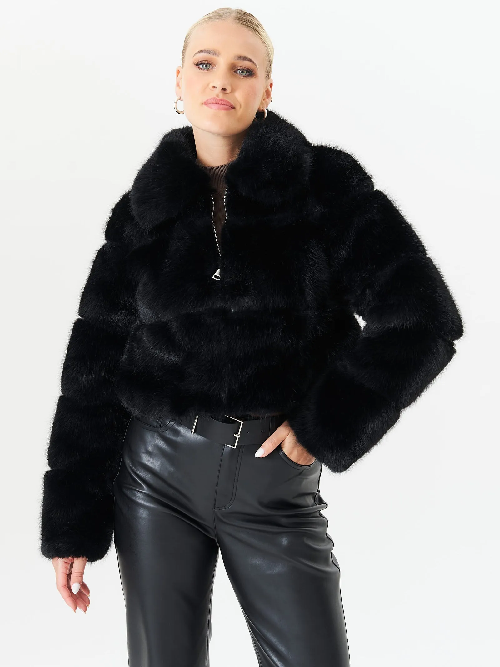 Black Panel Faux Fur Cropped Jacket