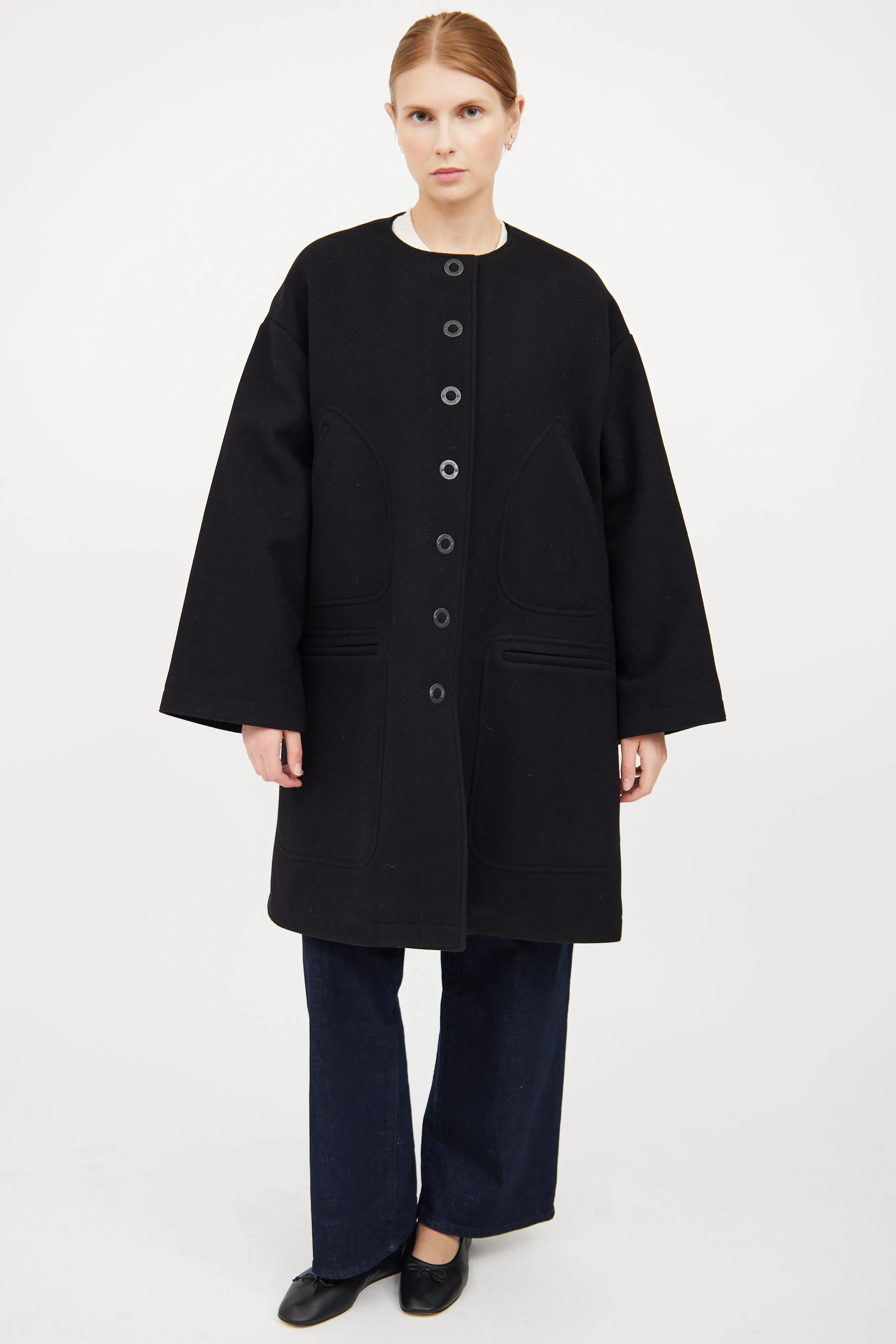 Black Wool Button Flared Coat