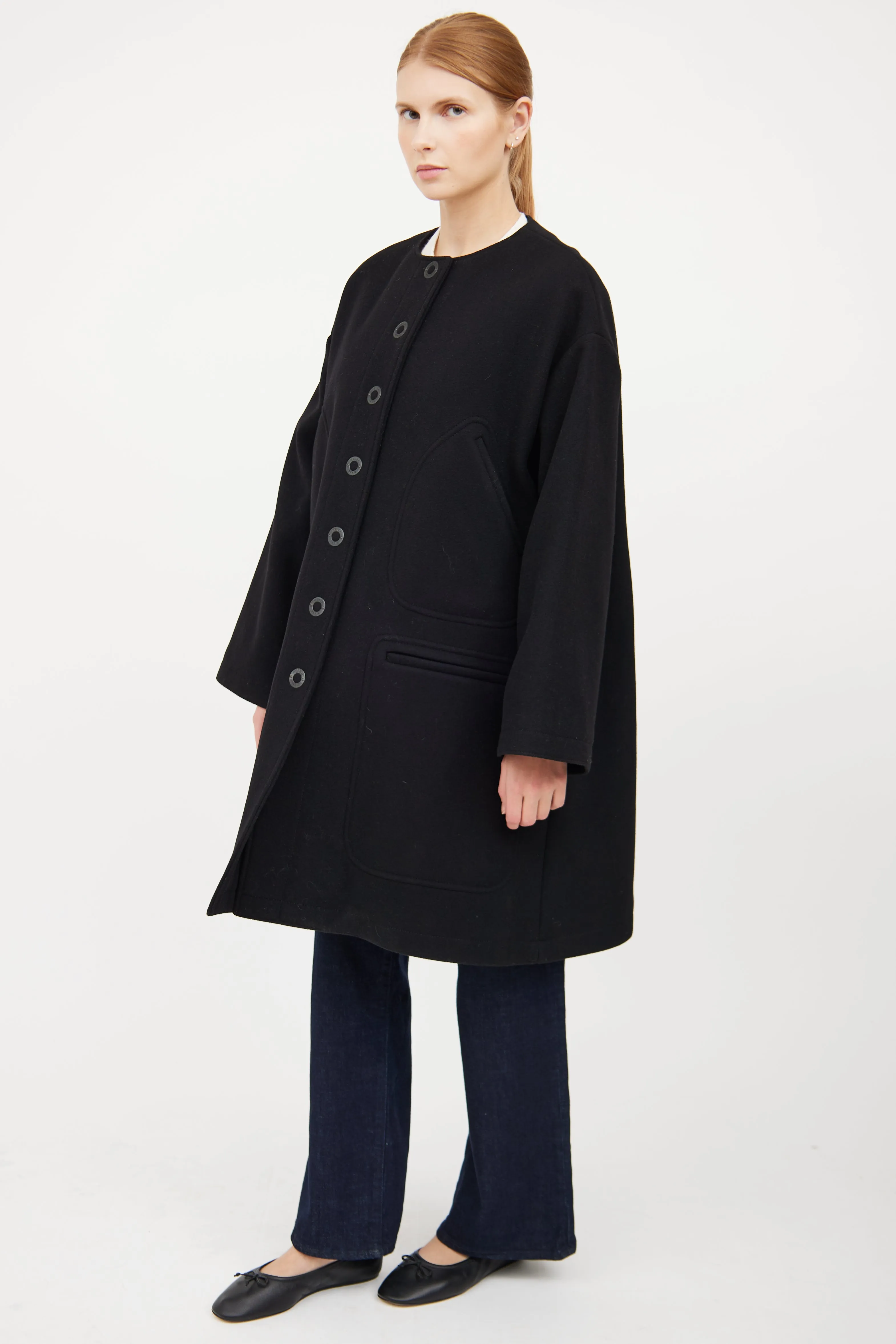 Black Wool Button Flared Coat