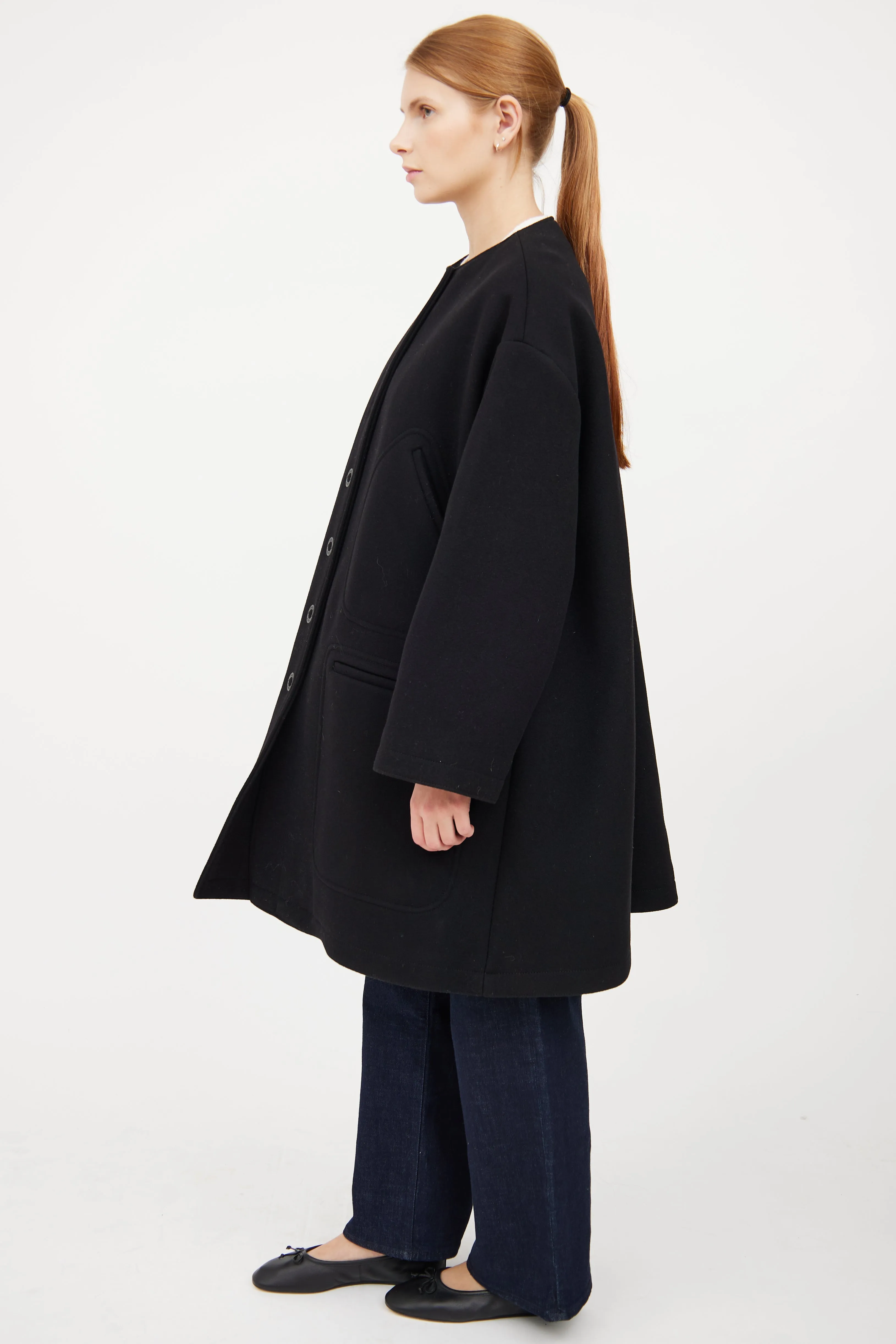 Black Wool Button Flared Coat