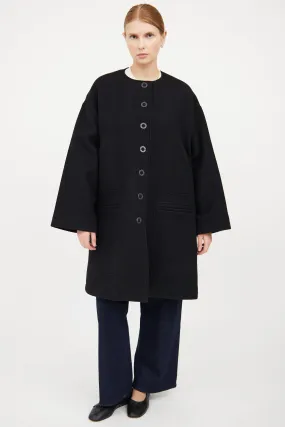 Black Wool Button Flared Coat