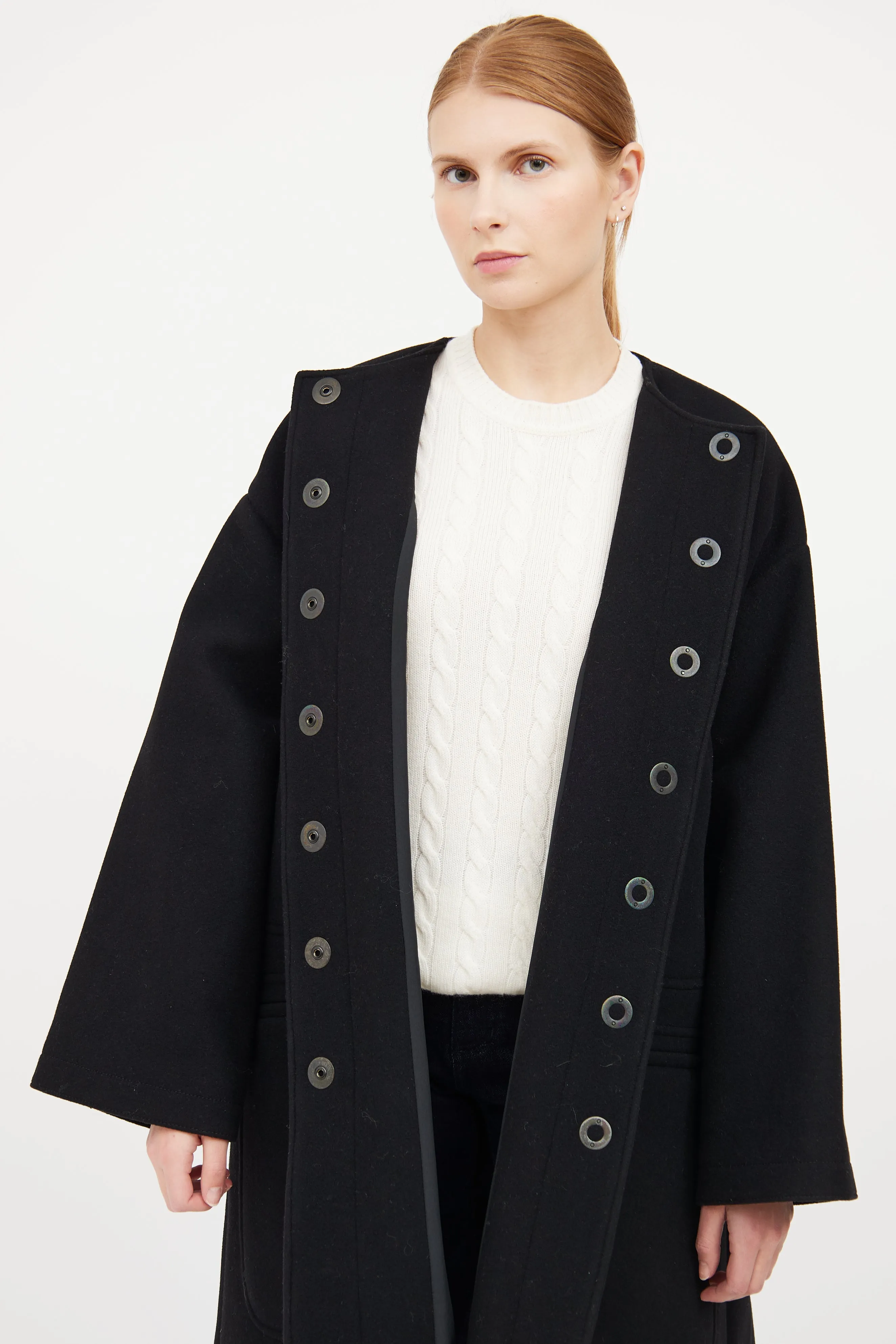 Black Wool Button Flared Coat