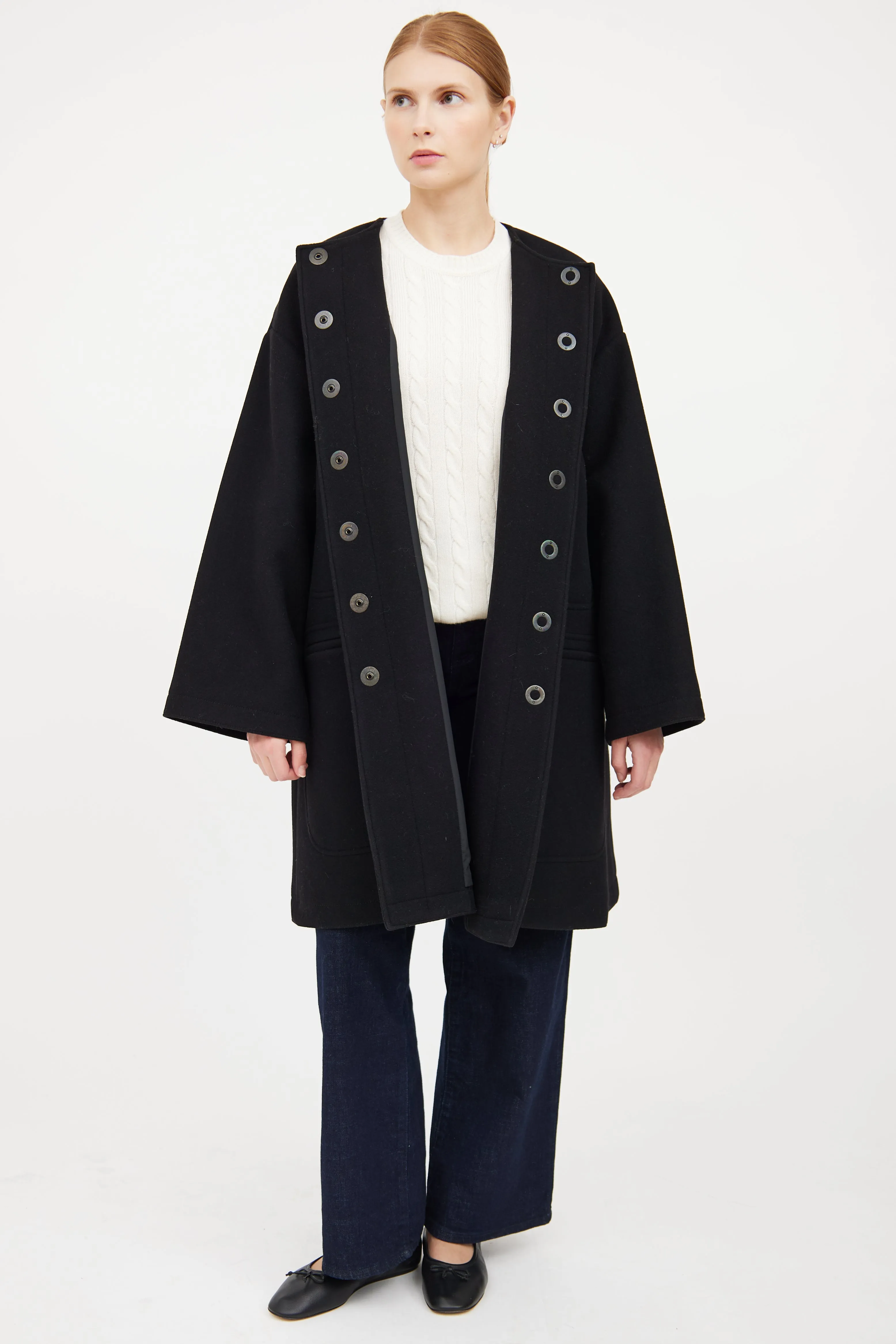 Black Wool Button Flared Coat