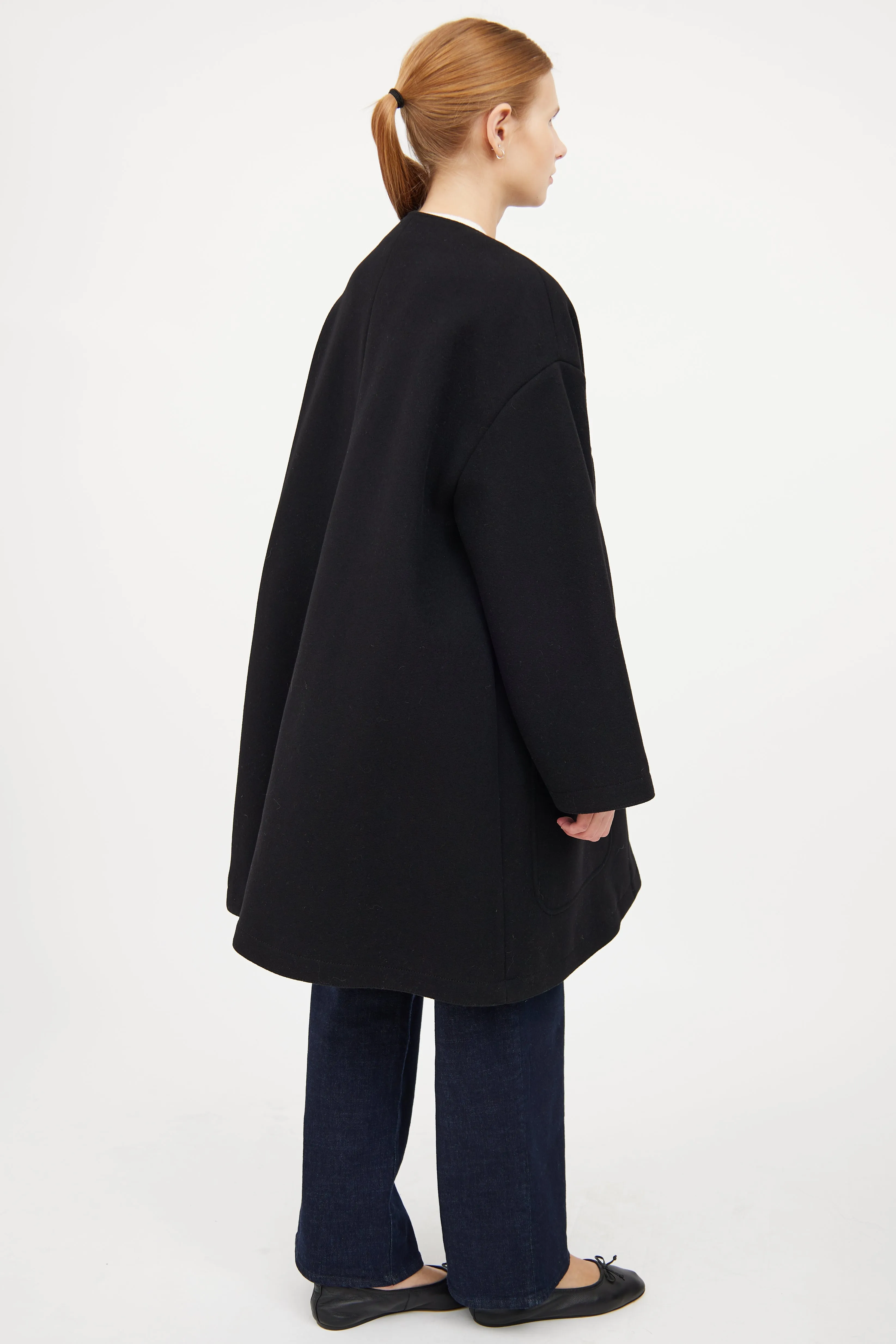 Black Wool Button Flared Coat