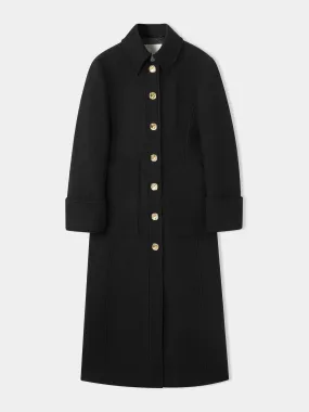 Black wool coat with gold buttons