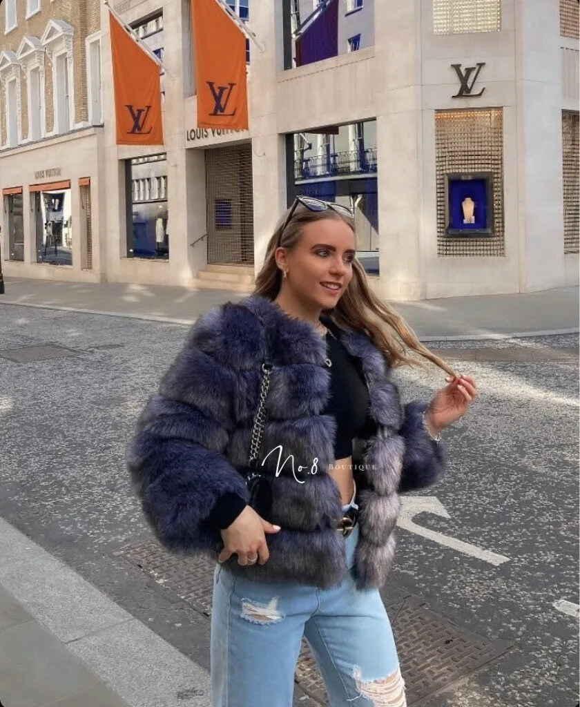 Blue Grey Faux Fur Jacket With 5 Rows