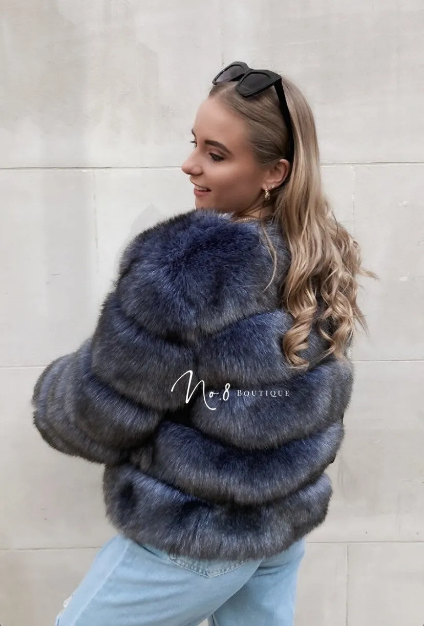 Blue Grey Faux Fur Jacket With 5 Rows