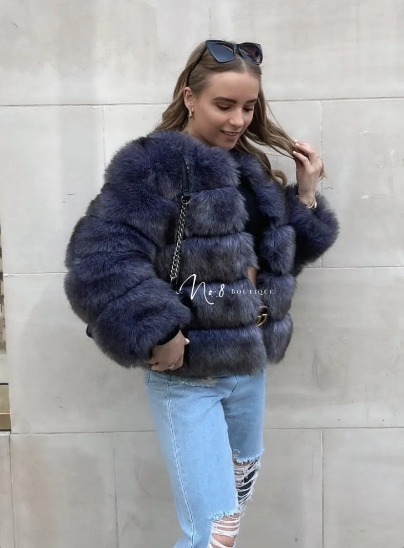 Blue Grey Faux Fur Jacket With 5 Rows