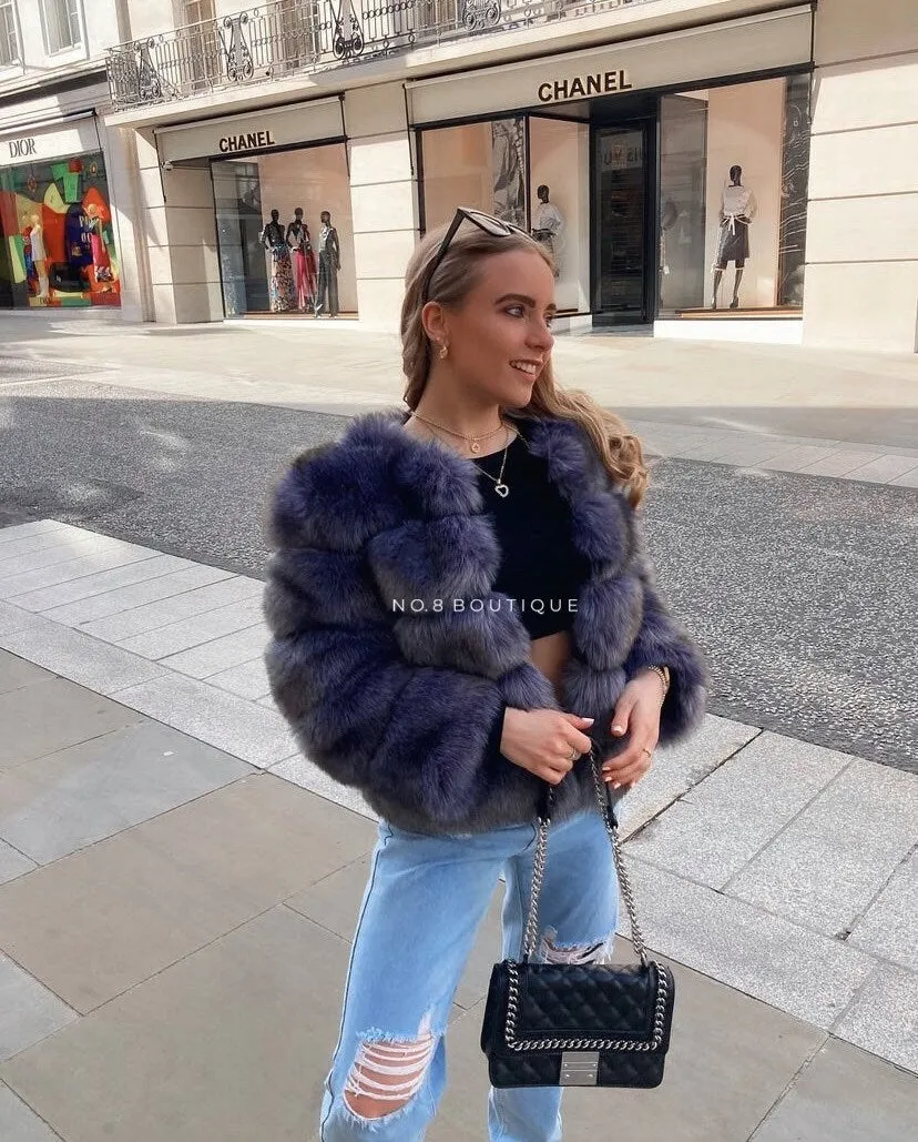 Blue Grey Faux Fur Jacket With 5 Rows