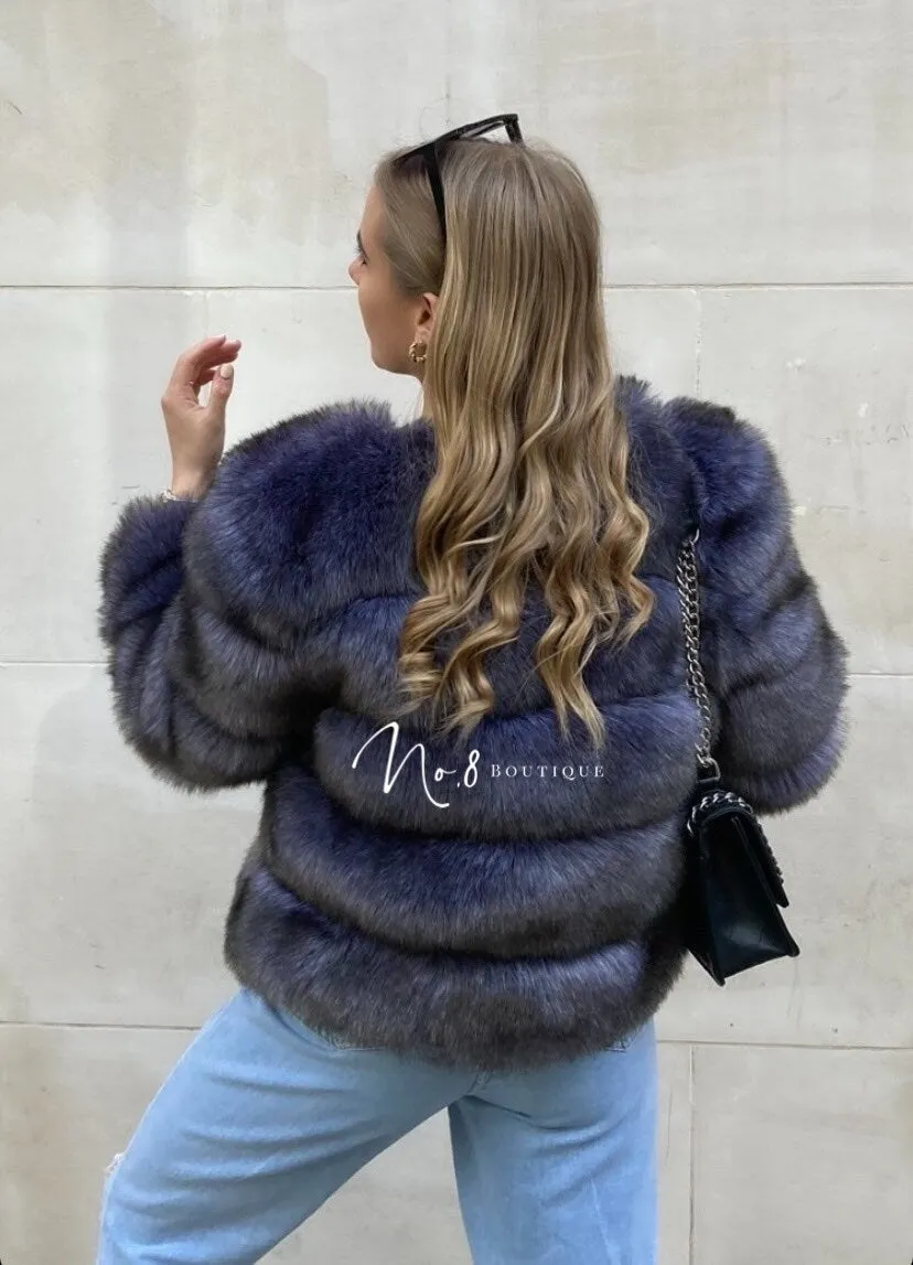 Blue Grey Faux Fur Jacket With 5 Rows