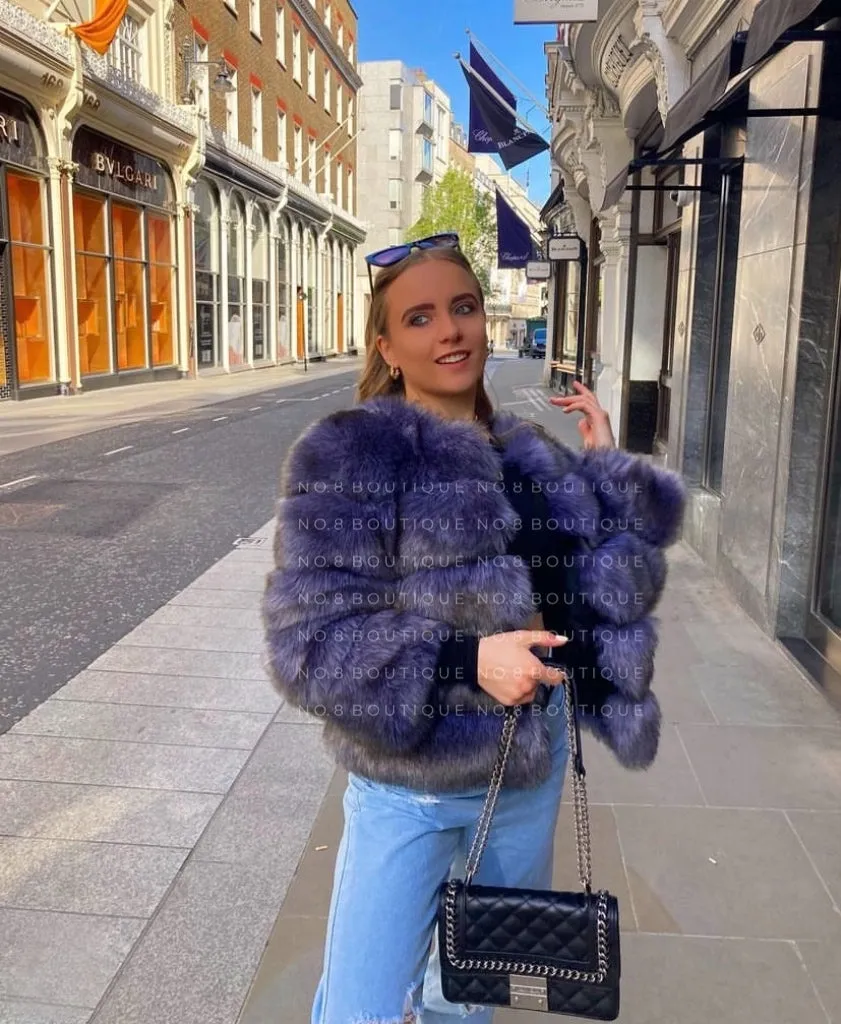 Blue Grey Faux Fur Jacket With 5 Rows