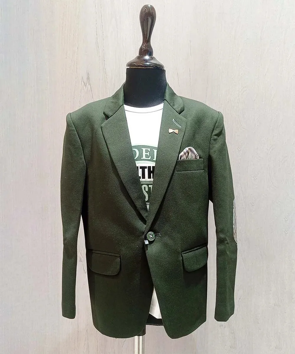 Bottle Green Party Wear Blazer with White Round Neck T-Shirt