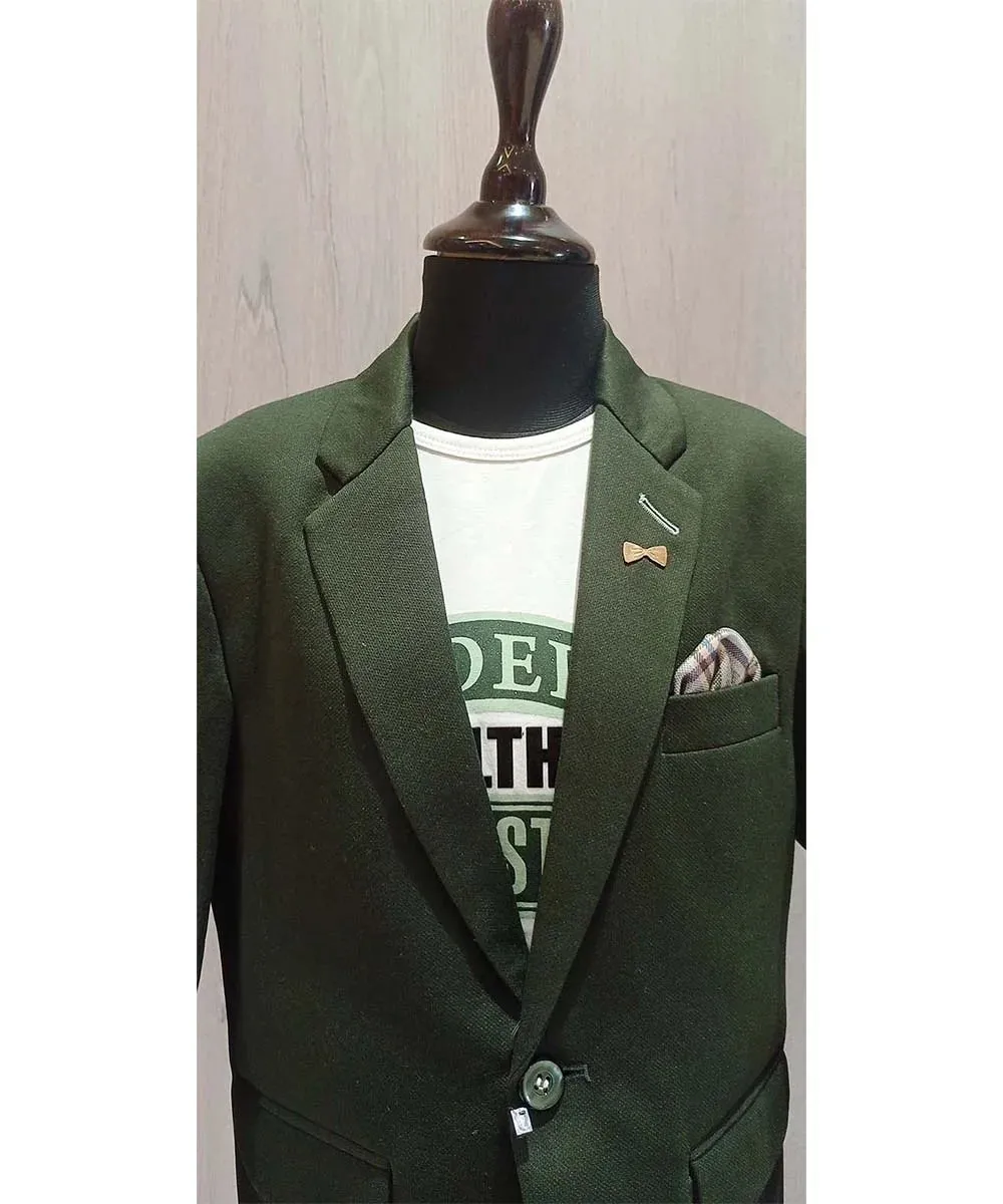 Bottle Green Party Wear Blazer with White Round Neck T-Shirt