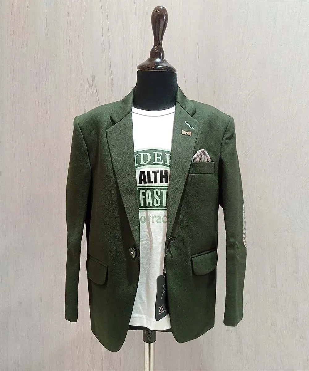 Bottle Green Party Wear Blazer with White Round Neck T-Shirt