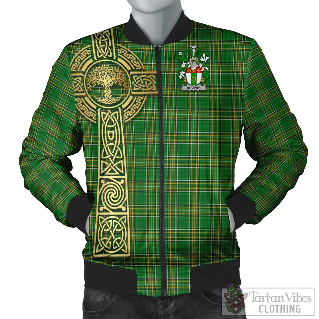 Brophy Irish Clan Tartan Bomber Jacket with Coat of Arms Celtic Tree of Life Style