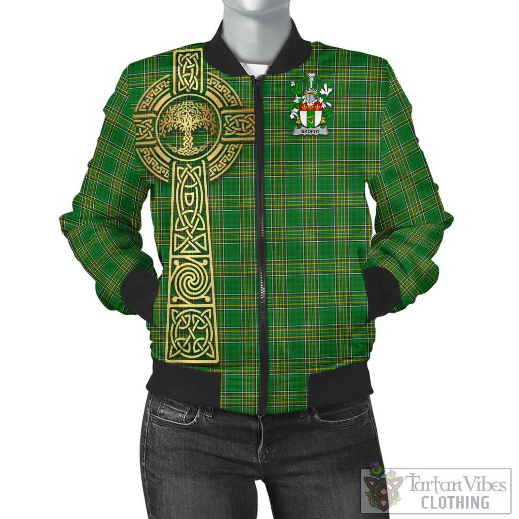 Brophy Irish Clan Tartan Bomber Jacket with Coat of Arms Celtic Tree of Life Style