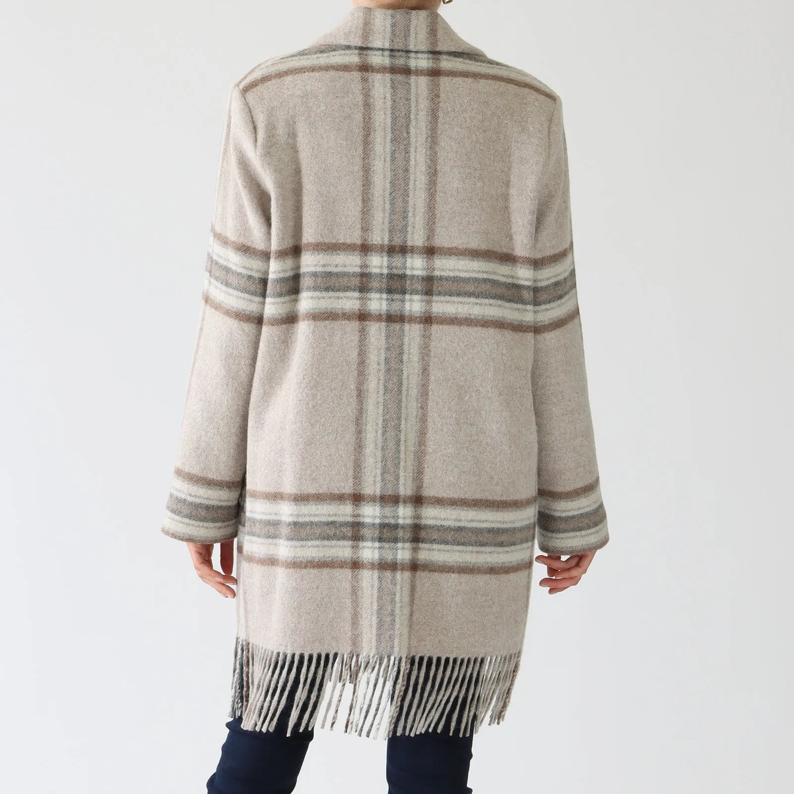 Brown, Beige & Grey Check Wool Coat