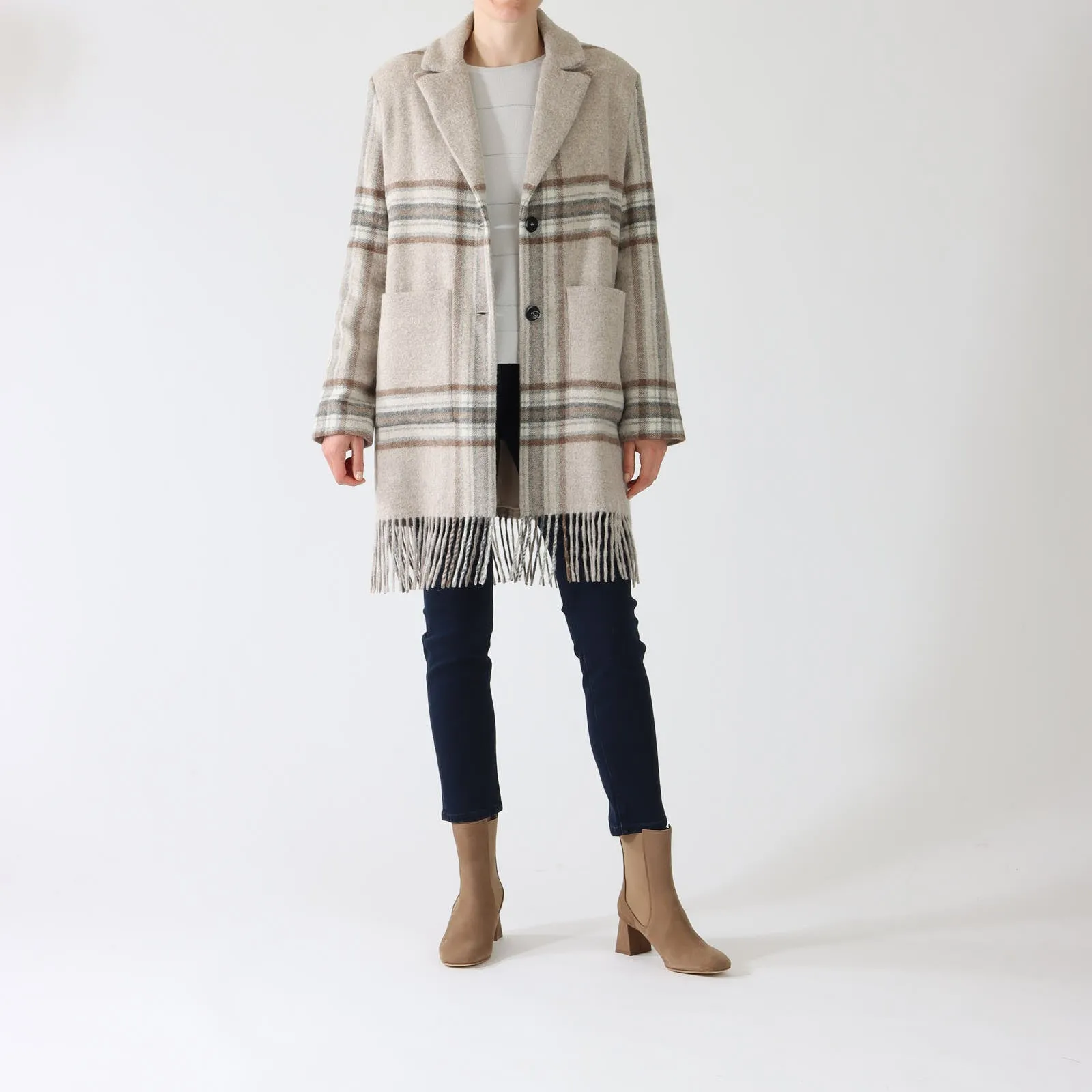 Brown, Beige & Grey Check Wool Coat